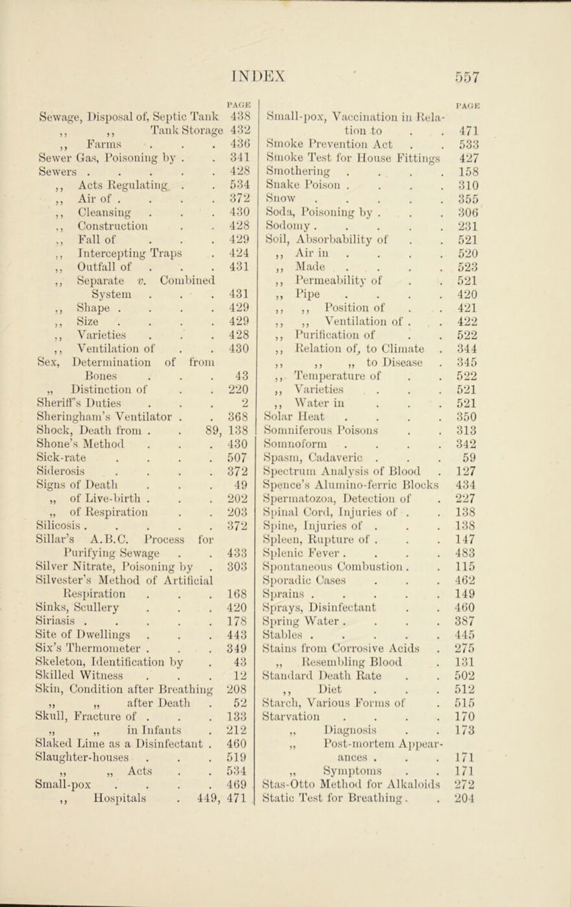 PAOK Sewage, Disposal of, Septic Tank 438 ,, Farms . . .438 Sewer Gas, Poisoning by . .341 Sewers ..... 428 ,, Acts Regulating . . 534 ,, Air of . . . .372 ,, Cleansing . . . 430 Construction . . 428 ,, Fall of . . . 429 ,, Intercepting Traps . 424 ,, Outfall of . . .431 ,, Separate v. Combined System . . .431 ,, Shape .... 429 ,, Size .... 429 ,, Varieties . . .428 ,, Ventilation of . . 430 Sex, Determination of from Bones . . .43 „ Distinction of . . 220 Sheriff’s Duties ... 2 Sheringham’s Ventilator . .368 Shock, Death from . . 89, 138 Shone’s Method . . . 430 Sick-rate .... 507 Siderosis . . . .372 Signs of Death ... 49 ,, of Live-birth . . . 202 „ of Respiration . . 203 Silicosis. . . . .372 Sillar’s A.B.C. Process for Purifying Sewage . . 433 Silver Nitrate, Poisoning by . 303 Silvester’s Method of Artificial Respiration . . .168 Sinks, Scullery . . . 420 Siriasis . . . . .178 Site of Dwellings . . . 443 Six’s Thermometer . . .349 Skeleton, Identification by . 43 Skilled Witness . . .12 Skin, Condition after Breathing 208 ,, „ after Death . 52 Skull, Fracture of . . .133 „ „ in Infants . 212 Slaked Lime as a Disinfectant . 460 Slaughter-houses . . .519 ,, „ Acts . . 534 Small-pox .... 469 ,, Hospitals . 449, 471 PAOK Small-pox, Vaccination in Rela- tion to . . 471 Smoke Prevention Act . . 533 Smoke Test for House Fittings 427 Smothering . . , .158 Snake Poison . . . .310 Snow ..... 355 Soda, Poisoning by . . . 306 Sodomy. . . . .231 Soil, Absorbability of . . 521 ,, Air in . . . . 520 ,, Made .... 523 ,, Permeability of . . 521 ,, Pipe .... 420 ,, ,, Position of . . 421 ,, ,, Ventilation of . . 422 ,, Purification of . . 522 ,, Relation of, to Climate . 344 ,, ,, ,, to Disease . 345 ,, Temperature of . . 522 ,, Varieties . . .521 ,, Water in . . .521 Solar Heat .... 350 Somniferous Poisons . . 313 Somnoform .... 342 Spasm, Cadaveric ... 59 Spectrum Analysis of Blood . 127 Spence’s Alumino-ferric Blocks 434 Spermatozoa, Detection of . 227 Si)inal Cord, Injuries of . . 138 Spine, Injuries of . . . 138 Spleen, Rui)ture of . . .147 Splenic Fever .... 483 Spontaneous Combustion. . 115 Sporadic Cases . . . 462 Sprains . . . . .149 Sprays, Disinfectant . . 460 Spring Water .... 387 Stables ..... 44o Stains from Corrosive Acids . 275 ,, Resembling Blood . 131 Standard Death Rate . . 502 ,, Diet . . . 512 Starch, Various Forms of . 515 Starvation . . . .170 „ Diagnosis . . 173 ,, Post-mortem A])pear- ances . . .171 ,, Symptoms . . 171 Stas-Otto Method for Alkaloids 272 Static Test for Breathing . . 204