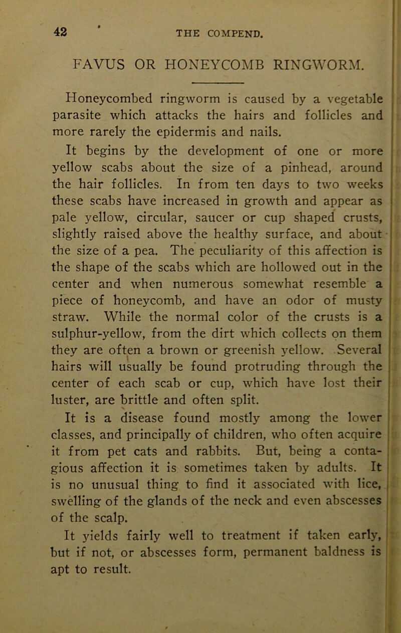 FAVUS OR HONEYCOMB RINGWORM. Honeycombed ringworm is caused by a vegetable ; parasite which attacks the hairs and follicles and more rarely the epidermis and nails. It begins by the development of one or more yellow scabs about the size of a pinhead, around the hair follicles. In from ten days to two weeks these scabs have increased in growth and appear as pale yellow, circular, saucer or cup shaped crusts, slightly raised above the healthy surface, and about the size of a pea. The peculiarity of this affection is the shape of the scabs which are hollowed out in the center and when numerous somewhat resemble a piece of honeycomb, and have an odor of musty straw. While the normal color of the crusts is a sulphur-yellow, from the dirt which collects on them they are often a brown or greenish yellow. Several hairs will usually be found protruding through the center of each scab or cup, which have lost their luster, are brittle and often split. It is a disease found mostly among the lower classes, and principally of children, who often acquire it from pet cats and rabbits. But, being a conta- gious affection it is sometimes taken by adults. It is no unusual thing to find it associated with lice, swelling of the glands of the neck and even abscesses of the scalp. It yields fairly well to treatment if taken early, but if not, or abscesses form, permanent baldness is apt to result.