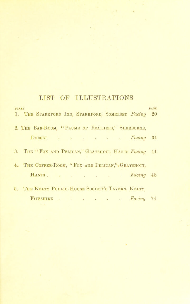 LIST OF ILLUSTRATIONS PLATE PAGE 1. The Spahkford Inn, Sparkford, Somerset Facing 20 2. The Bar Boom, “Plume of Feathers,” Sherborne, Dorset ...... Facing 31 3. The “ Fox and Pelican,” Grayshott, Hants Facing 44 4. The Coffee Koom, “Fox and Pelican,”.Grayshott, Hants ....... Facing 48 5. The Kelty Public-House Society’s Tavern, Kelty, Fifeshire Facing 74