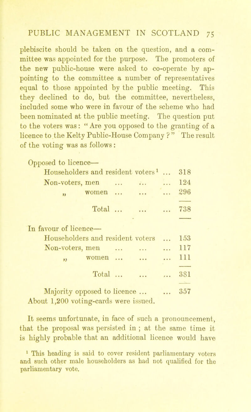 plebiscite should be taken on the question, and a com- mittee was appointed for the purpose. The promoters of the new public-house were asked to co-operate by ap- pointing to the committee a number of representatives equal to those appointed by the public meeting. This they declined to do, but the committee, nevertheless, included some who were in favour of the scheme who had been nominated at the public meeting. The question put to the voters was: “ Are you oj)posed to the granting of a licence to the Kelty Public-House Company ? ” The result of the voting was as follows : Opposed to licence— Householders and resident voters Non-voters, men „ women ... Total ... 1 ... 318 ... 124 ... 296 ... 738 In favour of licence— Householders and resident voters ... 153 Non-voters, men ... ... ... 117 „ women ... ... ... Ill Total 381 Majority opposed to licence ... ... 357 About 1,200 voting-cards were issued. It seems unfortunate, in face of such a pronouncement, that the proposal was persisted in ; at the same time it is highly probable that an additional licence would have * This heading is said to cover resident parliamentary voters and such other male householders as had not qualified for the parliamentary vote.