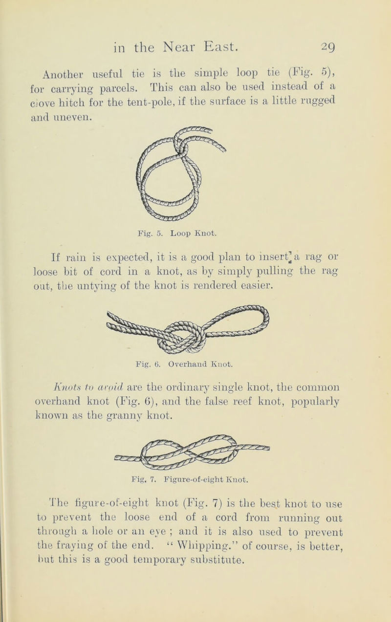 Another useful tie is the simple loop tie (Fig. 5), for carrying parcels. This can also be used instead ol a ciove hitch for the tent-pole, if the surface is a little rugged and uneven. Fig. 5. Loop Knot. If rain is expected, it is a good plan to insert’a rag or loose bit of cord in a knot, as by simply pulling the rag out, the untying of the knot is rendered easier. Fig. 6. Overhand Knot. Knots tv avoid are the ordinary single knot, the common overhand knot (Fig. G), and the false reef knot, popularly known as the granny knot. o i/ The figure-of-eight knot (Fig. 7) is the bes.t knot to use to prevent the loose end of a cord from running out through a hole or an eye ; and it is also used to prevent the fraying of the end. “ Whipping.” of course, is better, but this is a good temporary substitute.