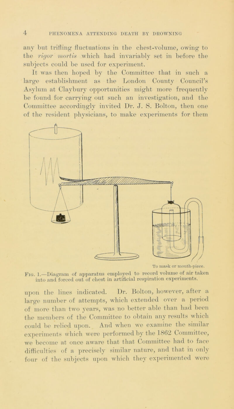 any but trifling fluctuations in the chest-volume, owing to the rigor mortis which had invariably set in before the subjects could be used for experiment. It was then hoped by the Committee that in such a large establishment as the London County Council's Asylum at Claybury opportunities might more frequently be found for carrying out such an investigation, and the Committee accordingly invited Dr. J. S. Bolton, then one of the resident physicians, to make experiments for them upon the lines indicated. Dr. Bolton, however, after a large number of attempts, which extended over a period of more than two years, was no better able than had been the members of the Committee to obtain any results which could lie relied upon. And when we examine the similar experiments which were performed by the 1862 Committee, we become at once aware that that Committee had to face difficulties of a precisely similar nature, and that in only four of the subjects upon which they experimented were