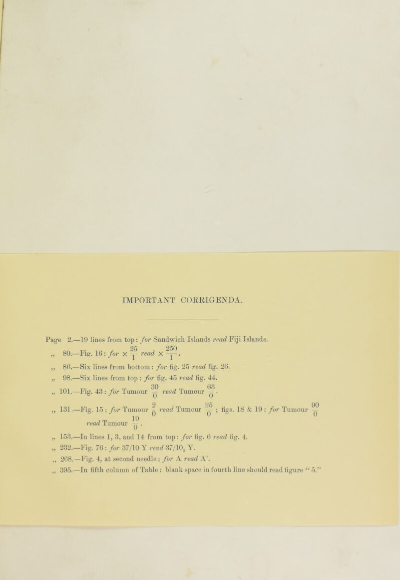 IMPORTANT CORRIGENDA. Page 2.—19 lines from top : for Sandwich Islands read Fiji Islands. 25 250 „ 80.—Fiff. 16: for x y reac^ x y • „ 86.—Six lines from bottom: for fig. 25 read fig. 26. „ 98.—Six lines from top : for fig. 45 read fig. 44. „ 101.—Fig. 43: for Tumour ~ read Tumour y . 2 25 90 ,, 131,—Fig. 15 : for Tumour ^ read Tumour ^ ; figs. 18 & 19 : for Tumour y read Tumour y . „ 153.—In lines 1, 3, and 14 from top: for fig. 6 read fig. 4. „ 232.—Fig. 76: for 37/10 Y read 37/102 Y. ,, 268.—Fig. 4, at second needle : for A read A'. „ 395.—In fifth column of Table: blank space in fourth line should read figure “ 5.”