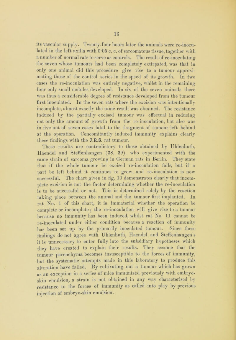1G its vascular supply. Twenty-four hours later the animals were re-inocu- lated in the left axilla with 0'05 c. c. of sarcomatous tissue, together with 7 O a number of normal rats to serve as controls. The result of re-inoculating the seven whose tumours had been completely extirpated, was that in only one animal did this procedure give rise to a tumour approxi- mating those of the control series in the speed of its growth. In two cases the re-inoculation was entirely negative, whilst in the remaining four only small nodules developed. In six of the seven animals there was thus a considerable degree of resistance developed from the tumour first inoculated. In the seven rats where the excision was intentionally incomplete, almost exactly the same result was obtained. The resistance induced by the partially excised tumour was effectual in reducing not only the amount of growth from the re-inoculation, but also was in five out of seven cases fatal to the fragment of tumour left behind at the operation. Concomitantly induced immunity explains clearly these findings with the J.R.S. rat tumour. These results are contradictory to those obtained by Uhlenhuth, Haendel and Steffenhangen (38, 39), who experimented with the same strain of sarcoma growing in German rats in Berlin. They state that if the wdiole tumour be excised re-inoculation fails, but if a part be left behind it continues to grow, and re-inoculation is now successful. The chart given in fig. 10 demonstrates clearly that incom- plete excision is not the factor determining whether the re-inoculation is to be successful or not. This is determined solely by the reaction taking place between the animal and the tumour first implanted. In rat No. 1 of this chart, it is immaterial whether the operation be complete or incomplete ; the re-inoculation will give rise to a tumour because no immunity has been induced, whilst rat No. 11 cannot be re-inoculated under either condition because a reaction of immunity has been set up by the primarily inoculated tumour. Since these findings do not agree with Uhlenhuth, Haendel and Steffenhangen's it is unnecessary to enter fully into the subsidiary hypotheses which they have created to explain their results. They assume that the tumour parenchyma becomes insusceptible to the forces of immunity, but the systematic attempts made in this laboratory to produce this alteration have failed. By cultivating out a tumour which has grown as an exception in a series of mice immunized previously with embryo- skin emulsion, a strain is not obtained in any way characterised by resistance to the forces of immunity as called into play by previous injection of embryo-skin emulsion.