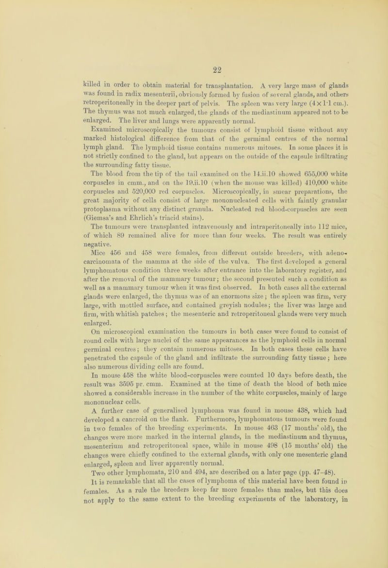 killed in order to obtain material for transplantation. A very large mass of glands was found in radix mesenterii, obviously formed by fusion of several glands, and others retroperitoneally in the deeper part of pelvis. The spleen was very large (4x T1 cm.). The thymus was not much enlarged, the glands of the mediastinum appeared not to be enlarged. The liver and lungs were apparently normal. Examined microscopically the tumours consist of lymphoid tissue without any marked histological difference from that of the germinal centres of the normal lymph gland. The lymphoid tissue contains numerous mitoses. In some places it is not strictly confined to the gland, but appears on the outside of the capsule infiltrating the surrounding fatty tissue. The blood from the tip of the tail examined on the 14.ii.10 showed 655,000 white corpuscles in cmm., and on the 19.ii.10 (when the mouse was killed) 410,000 white corpuscles and 520,000 red corpuscles. Microscopically, in smear preparations, the great majority of cells consist of large mononucleated cells with faintly granular protoplasma without any distinct granula. Nucleated red blood-corpuscles are seen (Giemsa’s and Ehrlich’s triacid stains). The tumours were transplanted intravenously and intraperitoneally into 112 mice, of which 89 remained alive for more than four weeks. The result was entirely negative. Mice 456 and 458 were females, from different outside breeders, with adeno- carcinomata of the mamma at the side of the vulva. The first developed a general lymphomatous condition three weeks after entrance into the laboratory register, and after the removal of the mammary tumour; the second presented such a condition as well as a mammary tumour when it was first observed. In both cases all the external glands were enlarged, the thymus was of an enormons size ; the spleen was firm, very large, with mottled surface, and contained greyish nodules; the liver was large and firm, with whitish patches ; the mesenteric and retroperitoneal glands were very much enlarged. On microscopical examination the tumours in both cases were found to consist of round cells with large nuclei of the same appearances as the lymphoid cells in normal germinal centres; they contain numerous mitoses. In both cases these cells have penetrated the capsule of the gland and infiltrate the surrounding fatty tissue; here also numerous dividing cells are found. In mouse 458 the white blood-corpuscles were counted 10 days before death, the result was 3595 pr. cmm. Examined at the time of death the blood of both mice showed a considerable increase in the number of the white corpuscles, mainly of large mononuclear cells. A further case of generalised lymphoma wTas found in mouse 438, which had developed a cancroid on the flank. Furthermore, lymphomatous tumours were found in two females of the breeding experiments. In mouse 463 (17 months’ old), the changes were more marked in the internal glands, in the mediastinum and thymus, mesenterium and retroperitoneal space, while in mouse 498 (15 months’ old) the changes were chiefly confined to the external glands, with only one mesenteric gland enlarged, spleen and liver apparently normal. Two other lymphomata, 210 and 494, are described on a later page (pp. 47-48). It is remarkable that all the cases of lymphoma of this material have been found in females. As a rule the breeders keep far more females than males, but this does not apply to the same extent to the breeding experiments of the laboratory, in
