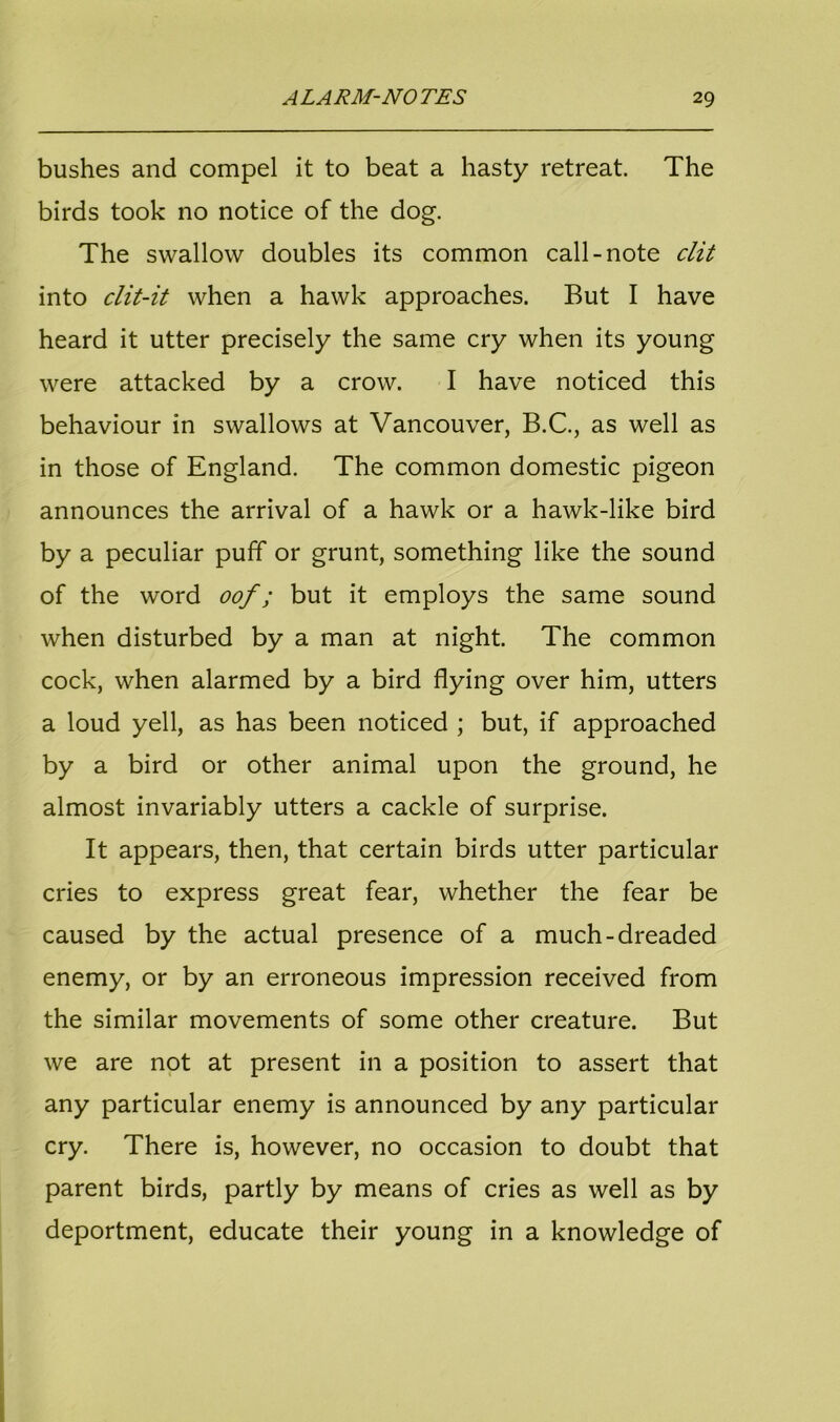 bushes and compel it to beat a hasty retreat. The birds took no notice of the dog. The swallow doubles its common call-note clit into clit-it when a hawk approaches. But I have heard it utter precisely the same cry when its young were attacked by a crow. I have noticed this behaviour in swallows at Vancouver, B.C., as well as in those of England. The common domestic pigeon announces the arrival of a hawk or a hawk-like bird by a peculiar puff or grunt, something like the sound of the word oof; but it employs the same sound when disturbed by a man at night. The common cock, when alarmed by a bird flying over him, utters a loud yell, as has been noticed ; but, if approached by a bird or other animal upon the ground, he almost invariably utters a cackle of surprise. It appears, then, that certain birds utter particular cries to express great fear, whether the fear be caused by the actual presence of a much-dreaded enemy, or by an erroneous impression received from the similar movements of some other creature. But we are not at present in a position to assert that any particular enemy is announced by any particular cry. There is, however, no occasion to doubt that parent birds, partly by means of cries as well as by deportment, educate their young in a knowledge of