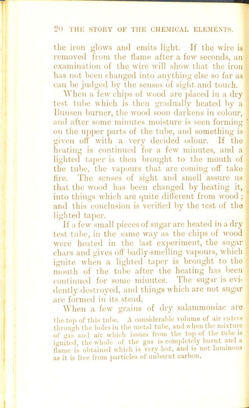 the iron glows and emits light. If the wire is removed from the flame after a few seconds, an examination of the wire will show that the iron has not been changed into anything else so far as can be judged by the senses of sight and touch. When a few chips of wood are placed in a dry test tube which is then gradually heated by a Bunsen burner, the wood soon darkens in colour, and after some minutes moisture is seen forming on the upper parts of the tube, and something is given off with a very decided odour. If the heating is continued for a few minutes, and a lighted taper is then brought to the mouth of the tube, the vapours that are coming off take fire. The senses of sight and smell assure us that the wood has been changed by heating it, into things which are quite different from wood ; and this conclusion is verified by the test of the lighted taper. If a few small pieces of sugar are heated in a dry test tube, in the same way as the chips of wood were heated in the last experiment, the sugar chars and gives off badly-smelling vapours, which ignite when a lighted taper is brought to the mouth of the tube after the heating has been continued for some minutes. The sugar is evi- dently destroyed, and things which are not sugar are formed in its stead. When a few grains of dry salammoniac arc the top of this tube. A considerable volume of air enters through the holes in the metal tube, and when the mixture of gas and air which issues from the top of the tube is ignited, the whole of the gas is completely burnt and a flame is obtained which is very hot, and is not luminous as it is free from particles of unburnt carbon.