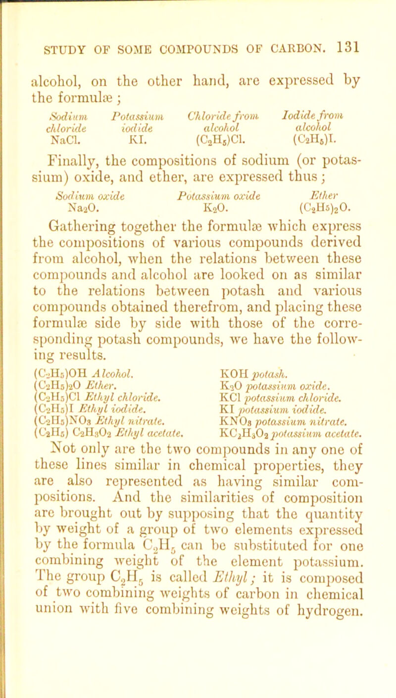 alcohol, on the other hand, are expressed by the formulae ; Sodium Potassium Chloride from Iodide from chloride iodide alcohol alcohol NaCl. KI. (C2H5)C1. (CsH#)I. Finally, the compositions of sodium (or potas- sium) oxide, and ether, are expressed thus; Sodium oxide Potassium oxide Ether NaaO. K20. (C2H5)20. Gathering together the formulae which express the compositions of vai'ious compounds derived from alcohol, when the relations between these compounds and alcohol are looked on as similar to the relations between potash and various compounds obtained therefrom, and placing these formulae side by side with those of the corre- sponding potash compounds, we have the follow- ing results. (CaHri)OII A Icohol. (CaHfl)aO Ether. (C2H5SCI Ethyl chloride. (CaHj I Ethyl iodide. (CaHdNOs Ethyl nitrate. (C2II5) C2H3O2 Ethyl acetate. KOH potash. KaO potassium oxide. KC1 potassium chloride. KI potassium iodide. KNOg potassium nitrate. KC2H302 potassium acetate. Not only are the two compounds in any one of these lines similar in chemical properties, they are also represented as having similar com- positions. And the similarities of composition are brought out by supposing that the quantity by weight of a group of two elements expressed by the formula C2H5 can be substituted for one combining weight of the element potassium. 1 he group is called Etltyl; it is composed of two combining weights of carbon in chemical union with five combining weights of hydrogen.