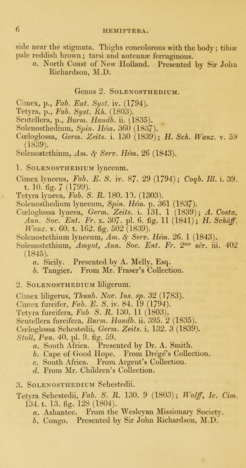 side near the stigmata. Thighs concolorous with the body; tibiae pale reddish brown; tarsi and antennae ferruginous. ti. North Coast of New Holland. Presented by Sir John Richardson, M.D. Genus 2. Solenosthedium. Cimex, p., Fab. Ent. Syst. iv. (1794). Tetyra, p., Fab. Syst. Rh. (1803). Scutellera, p., Burm. Handb. ii. (1835). Solenosthedium, Spin. Hem. 360 (1837). Coeloglossa, Germ. Zeits. i. 130 (1839); H. Sch. Wanz. v. 59 (1839). Solenostethium, Am. Sf Serv. Hem. 26 (1843). 1. Solenosthedium lynceum. Cimex Ivnceus, Fab. E. S. iv. 87- 29 (1794); Coqb. III. i, 39. t. 10.‘%. 7 (1799). Tetyra lyncea. Fab. S. R. 180. 10. (1303). Solenosthedium lynceum, Spin. Hem. p. 361 (1837). Cceloglossa lyncea. Germ. Zeits. i. 131. 1 (1839); A. Costa, Ann. Soc. Ent. Fr. x. 307. pi. 6. fig. 11 (1841); H. Schdff. Wanz. V. 60. t. 162. fig. 502 (1839). Solenostethium lynceum, Am. ^ Serv. Hem. 26. 1 (1843). Solenostethium, Amyot, Ann. Soc. Ent. Fr. 2“® ser. iii. 402 (1845). a. Sicily. Presented by A. Melly, Esq. b. Tangier. From Mr. Fraser’s Collection. 2. Solenosthedium liligerum. Cimex liligerus, Thunb. Nov. Ins. sp. 32 (1783). Cim-cx furcifer. Fab. E. S. iv. 84. 19 (1794). Tetyra furcifera. Fab S. R. 130. 11 (1803). Scutellera furcifera, Burm. Handb. ii. 395. 2 (1835). Coeloglossa Sehestedii, Germ. Zeits. i. 132. 3 (1839). Stoll, Pun. 40. pi. 9. fig. 59. a. South Africa. Presented by Dr. A. Smith. b. Cape of Good Hope. From Drege’s Collection. c. South Africa. From Argent’s Collection. d. From Mr. Children’s Collection. 3. Solenosthedium Sehestedii. ' Tetvra Sehestedii, Fa5. S. R. 130. 9 (1803); Wolff, Ic. dm. 134. t. 13. fig. 128 (180^). a. Ashantee. From the Wesleyan Missionaiw Society. b. Congo. Presented by Sir John Richardson, M.D.