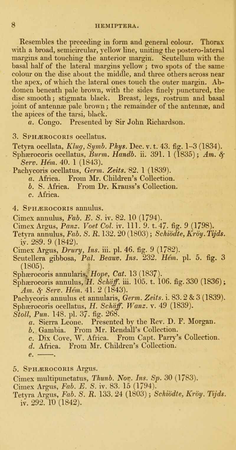 Resembles the preceding in form and general colour. Thorax with a broad, semicircular, yellow line, uniting the postero-lateral margins and touching the anterior margin. Scutellum with the basal half of the lateral margins yellow; two spots of the same colour on the disc about the middle, and three others across near the apex, of which the lateral ones touch the outer margin. Ab- domen beneath pale brown, with the sides finely punctured, the disc smooth; stigmata black. Breast, legs, rostrum and basal joint of antennae pale brown; the remainder of the antennae, and the apices of the tarsi, black. a. Congo. Presented by Sir John Richardson. 3. SpHiEROCORis ocellatus. Tetyra ocellata. King, Symb. Phys. Dec. v. t. 43. fig. 1-3 (1834). Sphaerocoris ocellatus, Burm. Handb. ii. 391. 1 (1835); Am. 8f Serv. Hem. 40. 1 (1843). Pachycoris ocellatus. Germ. Zeits. S2. 1 (1839). a. Africa. From Mr. Children’s Collection. b. S. Africa. From Dr. Krauss’s Collection. c. Africa. 4. Sph.®rocoris annulus. Cimex annulus. Fab. E. S. iv. 82. 10 (1794). Cimex Argus, Panz. Voet Col. iv. 111. 9. t.47. fig. 9 (1798). Tetyra annulus. Fab. S. R. 132. 20 (1803); Schibdte, Krby. Tijds. iy. 289. 9 (1842). Cimex Argus, Drury, Ins. hi. pi. 46. fig. 9 (1782). Scutellera gibbosa. Pal. Beauv. Ins. 232. Hem. pi. 5. fig. 3 (1805). I Sphaerocoris annularis^’Hope, Cat. 13(1837). Sphaerocoris annulus, H. Schdff. hi. 105. t. 106. fig. 330 (1836); Am. Serv. Hem. 41. 2 (1843). Pachycoris annulus et annularis. Germ. Zeits. i. 83.2 & 3 (1839). Sphaerocoris ocellatus, H. Schdff. Wanz. v. 49 (1839). Stoll, Pun. 148. pi. 37. fig. 268. a. Sierra Leone. Presented by the Rev. D. F. Morgan. b. . Gambia. From Mr. Rendall’s Collection. c. Dix Cove, W. Africa, From Capt. Parry’s Collection. d. Africa. From Mr. Children’s Collection. e. . 5. Sph^rocoris Argus. Cimex multipunctatus, Thunb. Nov. Ins. Sp. 30 (1783). Cimex Argus, Fab. E. S. iv. 83. 15 (1794). Tetyra Argus, Fab. S. R. 133. 24 (1803); Schiddte, Krdy. Tijds. iv. 292. 10 (1842).