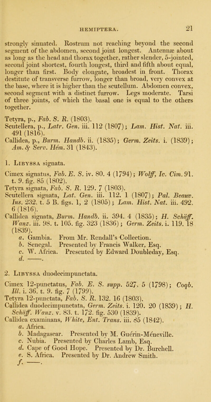 strongly sinuatecl. Rostrum not reaching beyond the second segment of the abdomen, second joint longest. Antennae about as long as tlie head and thorax together, rather slender, 5-jointed, second joint shortest, fourth longest, third and fifth about equal, longer than first. Body elongate, broadest in front. Thorax destitute of transverse furrow, longer than broad, very convex at the base, where it is higher than the scutellum. Abdomen convex, second segment with a distinct furrow. Legs moderate. Tarsi of three joints, of which the basal one is equal to the others together. Tetyra, p.. Fab. S. R. (1803). Scutellera, p., Latr. Gen. hi. 112 (1807); Lam. Hist. Nat. hi. 491 (1816). Callidea, p.,-Bwrm. Handb. ii. (1835); Germ. Zeits. i. (1839); Am.^ Serv. Hem. 3\ (1843). 1. Libyssa signata. Cimex signatus. Fab. E. S. iv. 80. 4 (1794); Wolff, Ic. dm. 91. t. 9. fig. 85 (1802). Tetyra signata. Fab. S. R. 129. 7 (1803). Scutellera signata, Lat. Gen. hi. 112. 1 (1807); Pal. Beauv. Ins. 232. t. 5 B. figs. 1, 2 (1805); Lam. Hist. Nat. hi. 492. 6 (1816). Callidea signata, Burm. Handb. ii. 394. 4 (1835); H. Schdff. Wanz. hi. 98. t. 105. fig. 323 (1836); Germ. Zeits. i. 119. 18 (1839). a. Gambia. From Mr. Kendall’s Collection. b. Senegal. Presented by Francis Walker, Esq. c. W. Africa. Presented by Edward Doubleday, Esq. d. . 2. Libyssa duodecimpunctata. Cimex 12-punctatus, Fab. E. S. supp. 527. 5 (1798); Coqb. III. i. ,36. t. 9. fig. 7 (1799). Tetyra 12-punctata, Fab. S. R. 132. 16 (1803). Caliidea duodecimpunctata. Germ. Zeits. i. 120. 20 (1839); H. Schdff. Wanz. v. 83. t. 172. fig. 530 (1839). Callidea examinans, White, Ent. Trans, hi. 85 (1842). a. Africa. b. Madagascar. Presented by M. Guerin-Meneville. c. Nubia. Presented by Charles Lamb, Esq. d. Cape of Good Hope. Presented by Dr. Burchell. e. S. Africa. Presented by Dr. Andrew Smith.