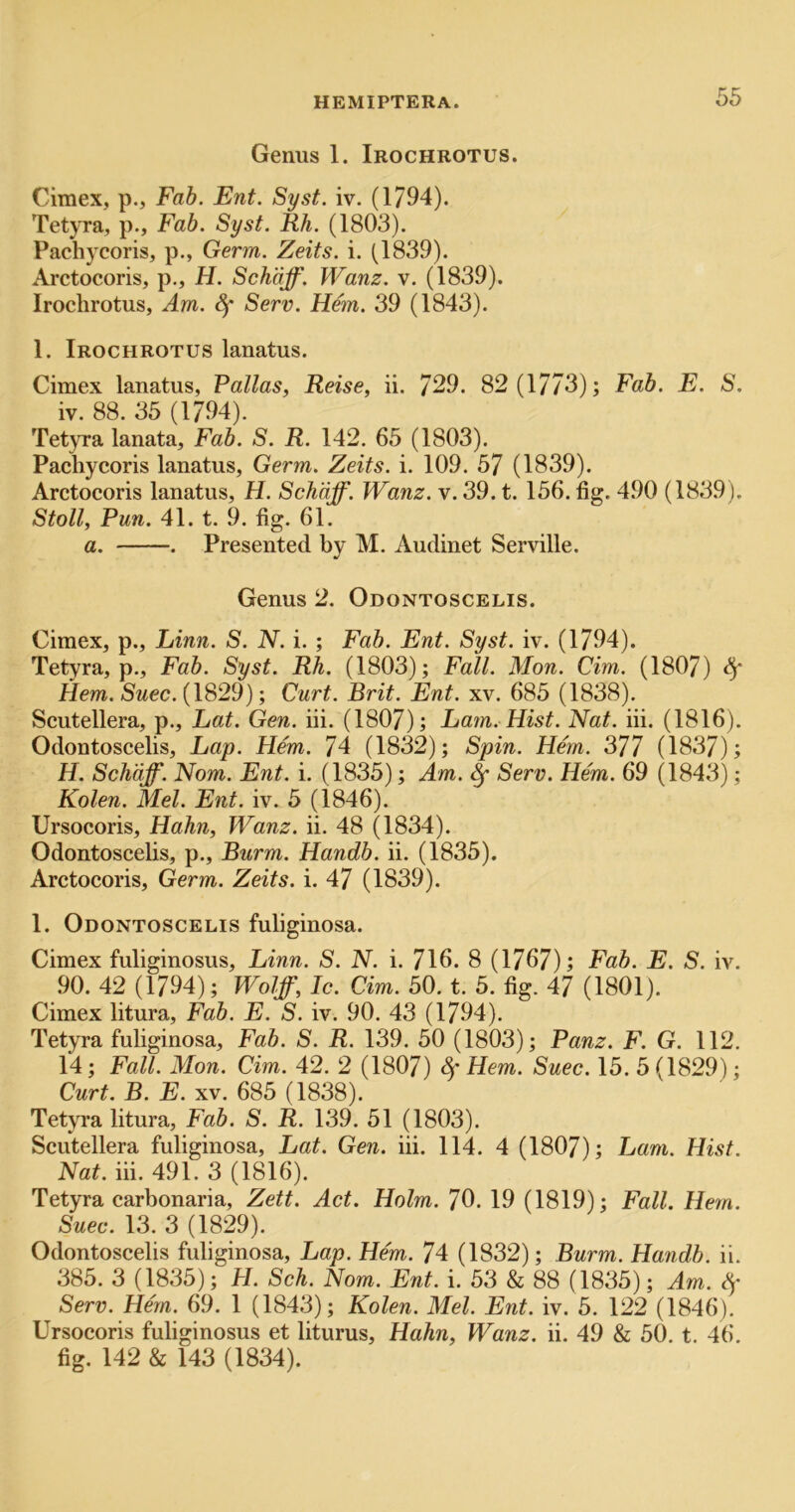 Genus 1. Irochrotus. Cimex, p., Fah. Ent. Syst. iv. (1794). Tetyra, p., Fab. Syst. Rh. (1803). Pachycoris, p., Germ. Zeits. i. (1839). Arctocoris, p., H. Schaff. Wanz. v. (1839). Irochrotus, Am. ^ Serv. Hem. 39 (1843). 1. Irochrotus lanatus. Cimex lanatus, Fallas, Reise, ii. 729. 82 (1773); Fab. E. S. iv. 88. 35 (1794). Tetyra lanata. Fab. S. R. 142. 65 (1803). Pachycoris lanatus. Germ. Zeits. i. 109. 57 (1839). Arctocoris lanatus, H. Schaff. Wanz. v. 39. t. 156. fig. 490 (1839). Stoll, Fun. 41. t. 9. fig. 61. a. . Presented by M. Audinet Serville. Genus 2. Odontoscelis. Cimex, p., Linn. S. N. i. ; Fab. Ent. Syst. iv. (1794). Tetyra, p.. Fab. Syst. Rh. (1803); Fall. Mon. dm. (1807) ^ Hm.-Swec. (1829); Curt. Brit. Ent. xv. 685 (1838). Scutellera, p., Lat. Gen. iii. (1807); Lam. Hist. Nat. hi. (1816). Odontoscelis, Lap. Hem. 74 (1832); Spin. Hem. 377 (1837); H. Schaff. Nom. Ent. i. (1835); Am. ^ Serv. Hem. 69 (1843); Kolen. Mel. Ent. iv. 5 (1846). Ursocoris, Hahn, Wanz. ii. 48 (1834). Odontoscelis, p., Burm. Handb. ii. (1835). Arctocoris, Germ. Zeits. i. 47 (1839). 1. Odontoscelis fuliginosa. Cimex fuliginosus, Linn. S. N. i. 716. 8 (1767); Fab. E. S. iv. ,90. 42 (1794); Wolff, Ic. dm. 50. t. 5. fig. 47 (1801). Cimex litura, Fab. E. S. iv. 90. 43 (1794). Tetyra fuliginosa. Fab. S. R. 139. 50 (1803); Fanz. F. G. 112. 14; Fall. Mon. dm. 42. 2 (1807) ^ Hem. Suec. 15. 5 (1829); Curt. B. E. XV. 685 (1838). Tetyra litura, Fab. S. R. 139. 51 (1803). Scutellera fuliginosa, Lat. Gen. iii. 114. 4 (1807); Lam. Hist. Nat. iii. 491. 3 (1816). Tetyra carbonaria, Zett. Act. Holm. 70. 19 (1819); Fall. Hem. Suec. 13. 3 (1829). Odontoscelis fuliginosa. Lap. Hem. 74 (1832); Burm. Handb. ii. 385. 3 (1835); H. Sch. Nom. Ent. i. 53 & 88 (1835); Am. Serv. Hem. 69. 1 (1843); Kolen. Mel. Ent. iv. 5. 122 (1846), Ursocoris fuliginosus et liturus, Hahn, Wanz. ii. 49 & 50. t. 46. fig. 142 & 143 (1834).