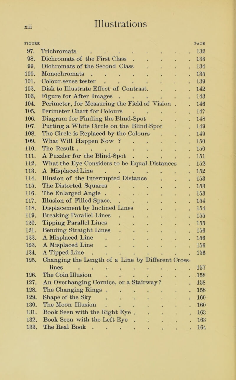 XU FIGURE 97. Trichromats PAGE 132 98. Dichromats of the First Class . . , 133 99. Dichromats of the Second Class a , 134 100. Monochromats t , 135 101. Colour-sense tester . . 139 102. Disk to Illustrate Effect of Contrast. . , 142 103. Figure for After Images .... • . 143 104. Perimeter, for Measuring the Field of Vision . . 146 105. Perimeter Chart for Colours • . 147 106. Diagram for Finding the Blind-Spot • • 148 107. Putting a White Circle on the Blind-Spot . , 149 108. The Circle is Replaced by the Colours 149 109. What Will Happen Now ? . . . 150 110. The Result , # 150 111. A Puzzler for the Blind-Spot . # , 151 112. What the Eye Considers to be Equal Distances 152 113. A Misplaced Line . • 152 114. Illusion of the Interrupted Distance . , 153 115. The Distorted Squares .... 153 116. The Enlarged Angle ..... . • 153 117. Illusion of Filled Space . , 154 118. Displacement by Inclined Lines • , 154 119. Breaking Pai'allel Lines .... . . 155 120. Tipping Parallel Lines .... • , 155 121. Bending Straight Lines .... . . 156 122. A Misplaced Line . . 156 123. A Misplaced Line . . 156 124. A Tipped Line . • 156 125. Changing the Length of a Line by Different Cross- lines , . 157 126. The Coin Illusion . # 158 127. An Overhanging Cornice, or a Stairway ? • 158 128. The Changing Rings ..... . • 158 129. Shape of the Sky • 160 130. The Moon Illusion ..... , , 160 131. Book Seen with the Right Eye . , , 163 132. Book Seen with the Left Eye . , 163 133. The Real Book . 164