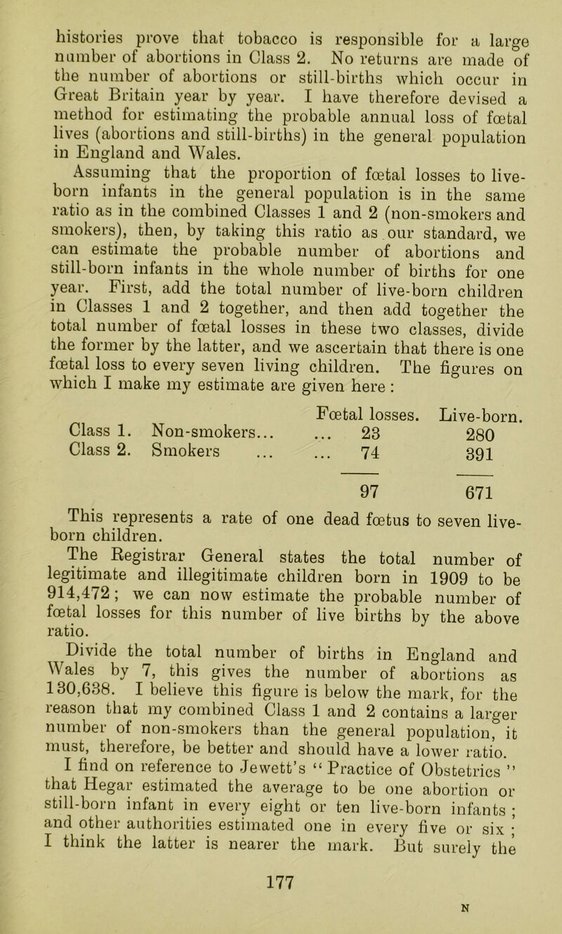 histories prove that tobacco is responsible for a large number of abortions in Class 2. No returns are made of the number of abortions or still-births which occur in Great Britain year by year. I have therefore devised a method for estimating the probable annual loss of foetal lives (abortions and still-births) in the general population in England and Wales. Assuming that the proportion of foetal losses to live- born infants in the general population is in the same ratio as in the combined Classes 1 and 2 (non-smokers and smokers), then, by taking this ratio as our standard, we can estimate the probable number of abortions and still-born infants in the whole number of births for one year. First, add the total number of live-born children in Classes 1 and 2 together, and then add together the total number oi foetal losses in these two classes, divide the former by the latter, and we ascertain that there is one foetal loss to every seven living children. The figures on which I make my estimate are given here: Foetal losses. Live-born. Class 1. Non-smokers... ... 23 280 Class 2. Smokers ... ... 74 391 97 671 This represents a rate of one dead foetus to seven live- born children. The Registrar General states the total number of legitimate and illegitimate children born in 1909 to be 914,472; we can now estimate the probable number of foetal losses for this number of live births by the above ratio. Divide the total number of births in England and Wales by 7, this gives the number of abortions as 130,638. I believe this figure is below the mark, for the reason that my combined Class 1 and 2 contains a larger number of non-smokers than the general population^ it must, therefore, be better and should have a lower ratio. I find on reference to Jewett’s “ Practice of Obstetrics ” that Hegar estimated the average to be one abortion or still-born infant in every eight or ten live-born infants ; and other authorities estimated one in every five or six ■ I think the latter is nearer the mark. But surely the 177 N