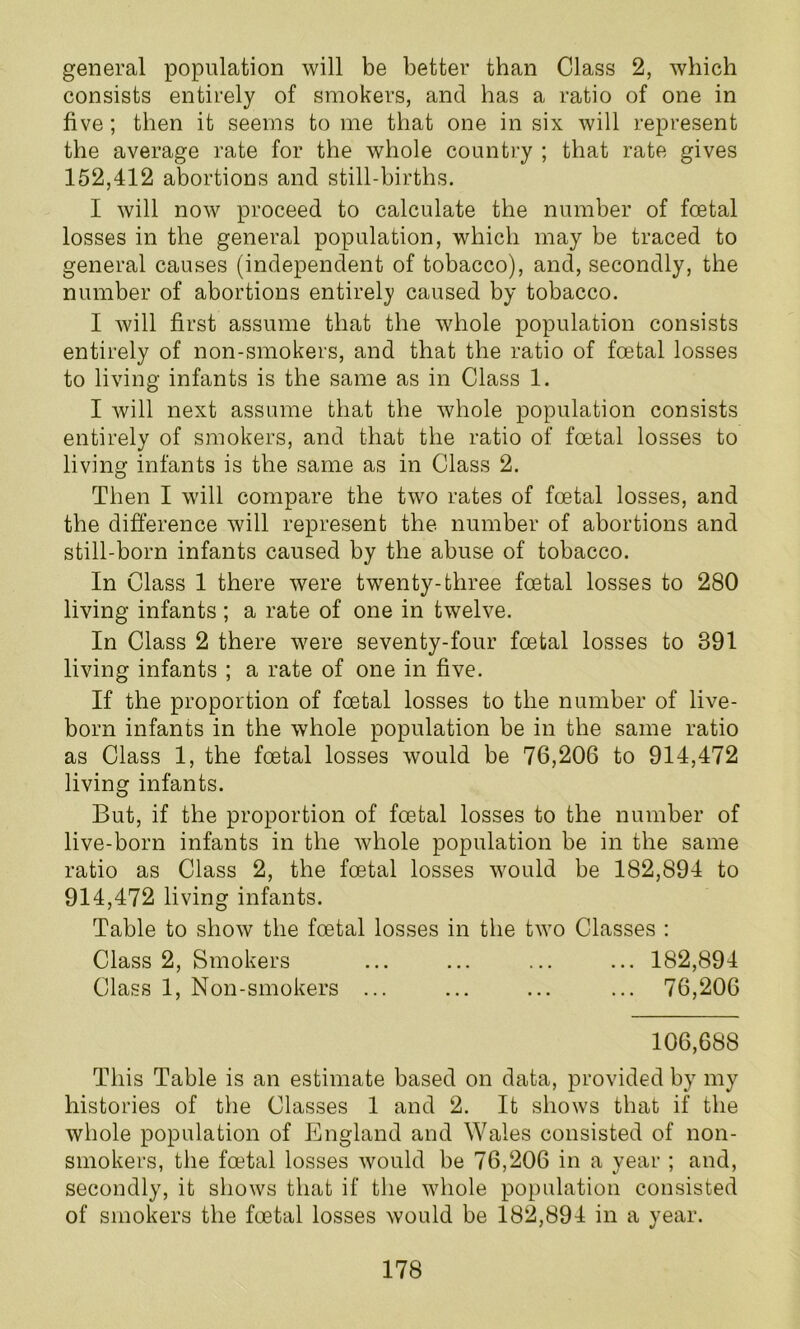 general population will be better than Class 2, which consists entirely of smokers, and has a ratio of one in five; then it seems to me that one in six will represent the average rate for the whole country ; that rate gives 152,412 abortions and still-births. I will now proceed to calculate the number of fcetal losses in the general population, which may be traced to general causes (independent of tobacco), and, secondly, the number of abortions entirely caused by tobacco. I will first assume that the whole population consists entirely of non-smokers, and that the ratio of foetal losses to living infants is the same as in Class 1. I will next assume that the whole population consists entirely of smokers, and that the ratio of foetal losses to living infants is the same as in Class 2. Then I will compare the two rates of foetal losses, and the difference will represent the number of abortions and still-born infants caused by the abuse of tobacco. In Class 1 there were twenty-three fcetal losses to 280 living infants ; a rate of one in twelve. In Class 2 there were seventy-four foetal losses to 391 living infants ; a rate of one in five. If the proportion of foetal losses to the number of live- born infants in the whole population be in the same ratio as Class 1, the foetal losses would be 76,206 to 914,472 living infants. But, if the proportion of foetal losses to the number of live-born infants in the whole population be in the same ratio as Class 2, the foetal losses would be 182,894 to 914,472 living infants. Table to show the foetal losses in the two Classes : Class 2, Smokers ... ... ... ... 182,894 Class 1, Non-smokers ... ... ... ... 76,206 106,688 This Table is an estimate based on data, provided by my histories of the Classes 1 and 2. It shows that if the whole population of England and Wales consisted of non- smokers, the foetal losses would be 76,206 in a year ; and, secondly, it shows that if the whole population consisted of smokers the foetal losses would be 182,894 in a year.