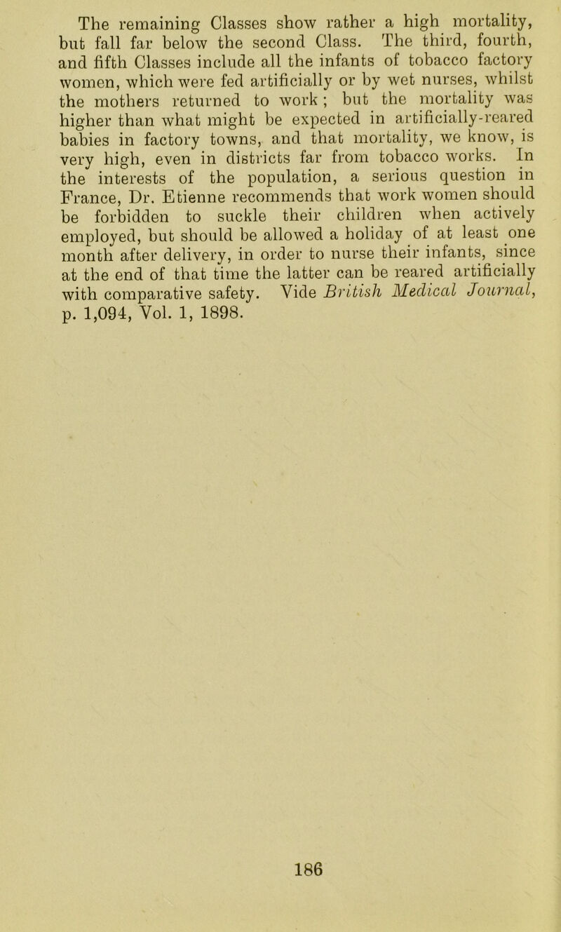 The remaining Classes show rather a high mortality, but fall far below the second Class. The third, fourth, and fifth Classes include all the infants of tobacco factory women, which were fed artificially or by wet nurses, whilst the mothers returned to work; but the mortality was higher than what might be expected in artificially-reared babies in factory towns, and that mortality, we know, is very high, even in districts far from tobacco works. In the interests of the population, a serious question in France, Dr. Etienne recommends that work women should be forbidden to suckle their children when actively employed, but should be allowed a holiday of at least one month after delivery, in order to nurse their infants, since at the end of that time the latter can be reared artificially with comparative safety. Vide British Medical Journal, p. 1,094, Vol. 1, 1898.