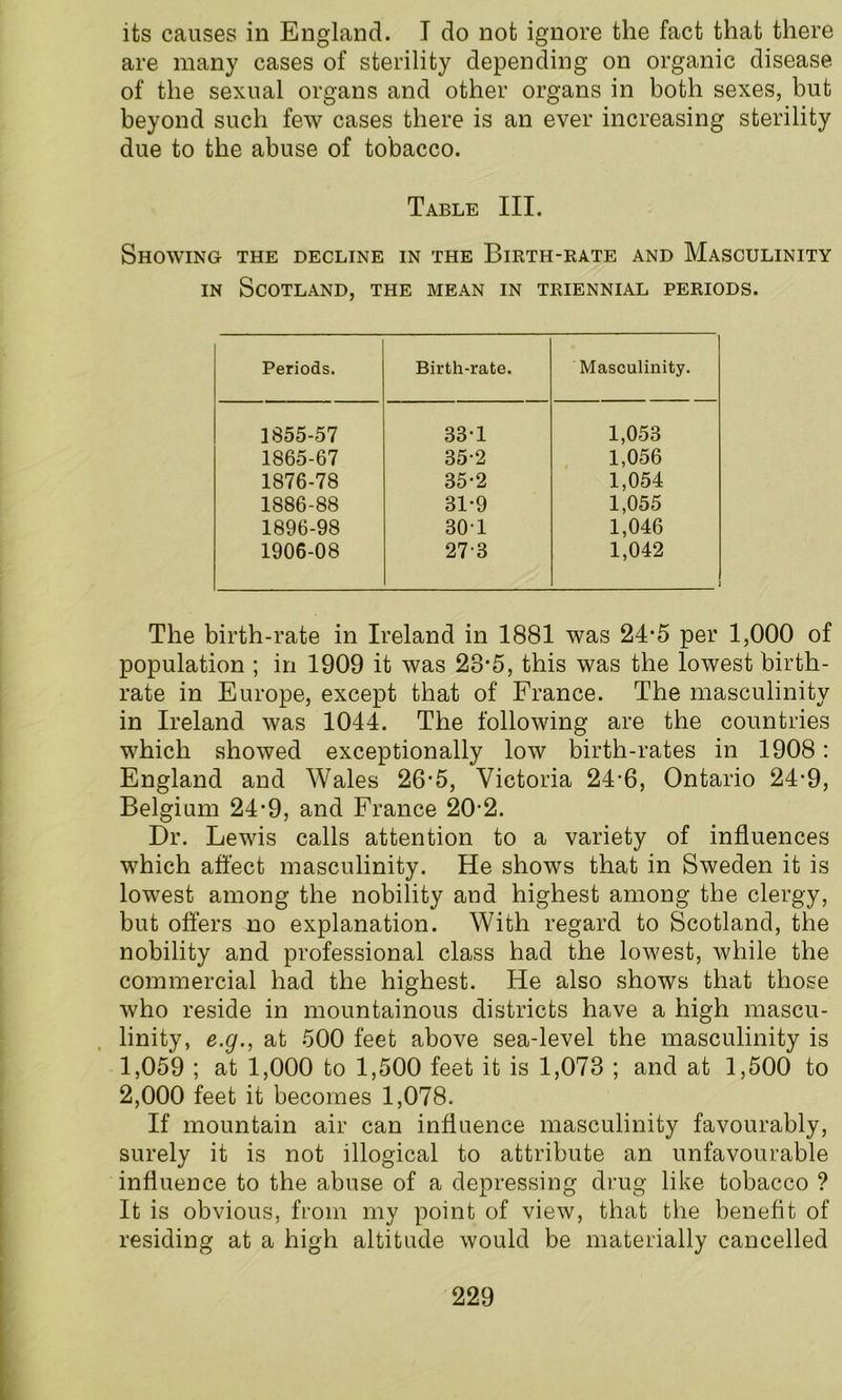 its causes in England. I do not ignore the fact that there are many cases of sterility depending on organic disease of the sexual organs and other organs in both sexes, but beyond such few cases there is an ever increasing sterility due to the abuse of tobacco. Table III. Showing the decline in the Birth-rate and Masculinity in Scotland, the mean in triennial periods. Periods. Birth-rate. Masculinity. 1855-57 33-1 1,053 1865-67 35-2 1,056 1876-78 35*2 1,054 1886-88 31-9 1,055 1896-98 301 1,046 1906-08 27-3 1,042 The birth-rate in Ireland in 1881 was 24*5 per 1,000 of population ; in 1909 it was 28*5, this was the lowest birth- rate in Europe, except that of France. The masculinity in Ireland was 1044. The following are the countries which showed exceptionally low birth-rates in 1908: England and Wales 26‘5, Victoria 24-6, Ontario 24*9, Belgium 24-9, and France 20-2. Dr. Lewis calls attention to a variety of influences which affect masculinity. He shows that in Sweden it is lowest among the nobility and highest among the clergy, but offers no explanation. With regard to Scotland, the nobility and professional class had the lowest, while the commercial had the highest. He also shows that those who reside in mountainous districts have a high mascu- linity, e.g., at 500 feet above sea-level the masculinity is 1,059 ; at 1,000 to 1,500 feet it is 1,073 ; and at 1,500 to 2,000 feet it becomes 1,078. If mountain air can influence masculinity favourably, surely it is not illogical to attribute an unfavourable influence to the abuse of a depressing drug like tobacco ? It is obvious, from my point of view, that the benefit of residing at a high altitude would be materially cancelled