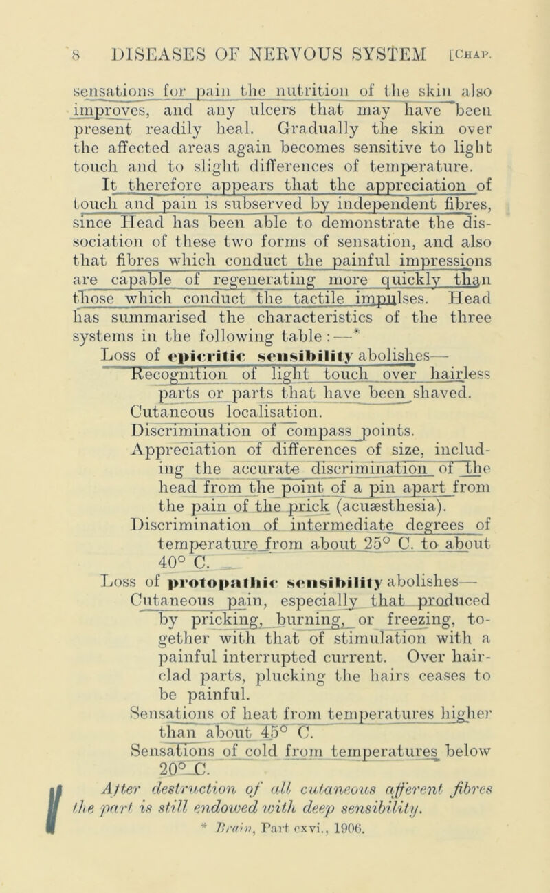 sensations for pain the nutrition of the skin also improves, and any ulcers that may have been present readily heal. Gradually the skin over the affected areas again becomes sensitive to light touch and to slight differences of temperature. It therefore appears that the appreciation of touch and pain is subserved by independent fibres, since Head has been able to demonstrate the dis- sociation of these two forms of sensation, and also that fibres which conduct the painful impressions a re capable of regenerating more (j uicklv tha n those which conduct the tactile impulses. Head lias summarised the characteristics of the three systems in the following table : —* Loss of opici itic sensibility abolishes— Kecognition of light touch over hairless parts or parts that have been shaved. Cutaneous localisation. Discrimination of compass points. Appreciation of differences of size, includ- ing the accurate discrimination^ of The head from the point of a pin apart from the pain of the pHek (acusesthesia). Discrimination of intermediate degrees of temperatureJrom about 25° C. to about 401ITr Loss of |>roto|»;itlii<‘ sensibility abolishes— Cutaneous pain, especially that produced by pricking, burning, or freezing, to- gether with that of stimulation with a painful interrupted current. Over hair- clad parts, plucking the hairs ceases to be painful. Sensations of heat from temperatures higher than about T5° C. Sensations of cold from temperatures^ below 20 ®_C. After destruction of oil cutaneous afferent fbres the port is still endowed with deep sensibility. * It ran), Part oxvi., 190(5.