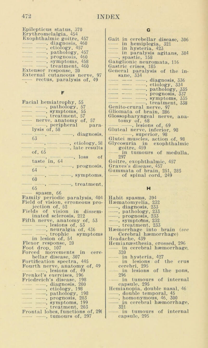 Epilepticus status, 370 Erythromelalgia, 454 Exophthalmic goitre, 457 —, diagnosis, 460 , etiology, 457 —, pathology, 457 —, prognosis, 460 —, symptoms, 458 —, treatment, 460 Extensor response, 20 External cutaneous nerve, 97 rectus, paralysis of, 49 F Facial hemiatrophy, 55 —, pathology, 57 , symptoms, 55 , treatment, 57 nerve, anatomy of, 57 . , peripheral para- lysis of, 58 — —, diagnosis, 63 f , etiology, 58 » , late results of, 65 l , , loss of taste in, 64 64 , prognosis. , symptoms, 60 , treatment, 65 spasm, 66 Family periodic paralysis, 404 Field of vision, erroneous pro- jection of, 52 Fields of vision in dissem- inated sclerosis, 212 Fifth nerve, anatomy of, 53 —, lesions of, 53 —, neuralgia of, 436 —, trophic symptoms in lesion of, 54 Flexor response, 20 Foot drop. 107 Forced movements in cere- bellar disease, 307 Fortification spectra, 445 Fourth nerve, anatomy of, 49 —, lesions of, 49 Frenkel’s exercises, 196 Friedreich’s disease, 198 —, diagnosis, 200 , etiology, 198 —, pathology, 198 — ——, prognosis, 203 , symptoms, 199 treatment, 203 Frontal lobes, functions of, 291 —, tumours of, 297 G Gait in cerebellar disease, 306 — in hemiplegia, 321 - in hysteria, 423 in paralysis agitans, 384 , spastic, 158 Ganglionic neuromata, 116 Gastric crises. 185 General paralysis of the in- sane, 334 —, diagnosis, 336 —, etiology, 334 , pathology, 335 , prognosis, 337 —— , symptoms, 335 —- , treatment, 338 Genito-crural nerve, 97 Gliomata of brain, 286 Glossopharyngeal nerve, ana- tomy of, 68 —, legions of, 69 Gluteal nerve, inferior, 98 , superior, 98 Glutei muscles, action of, 98 Glycosuria in exophthalmic goitre, 459 in tumours of medulla, 297 Goitre, exophthalmic, 457 Graves’s disease, 457 Gummata of brain, 251, 285 of spinal cord, 249 H Habit spasms, 394 Haematomyelia, 232 , diagnosis, 233 , pathology, 233 , prognosis, 233 , symptoms, 232 , treatment, 233 Haemorrhage into brain (see Cerebral haemorrhage) Headache, 439 Hemianaesthesia, crossed, 296 in cerebral haemorrhage, 320 in hysteria, 427 in lesions of the crus cerebri, 295 in lesions of the pons, 296 in tumours of internal capsule, 295 Hemianopia, double nasal, 46 —, double temporal, 45 —, homonymous, 46. 300 — in cerebral haemorrhage, 321 in tumours of internal capsule, 295
