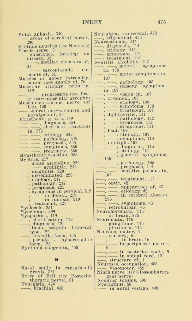 Motor aphasia, 340 areas of cerebral cortex, 290 Multiple neuritis (see Neuritis) Muscle sense, 9 substance, bearing on disease, 32 , fibrillar elements of, 31 , sarcoplasmic ele- ments of, 31 Muscles of upper extremity, motor root supply of, 76 Muscular atrophy, primary, 119 , progressive (see Pro- gressive muscular atrophy) Musculo-cutaneous nerve (of leg), 100 -spiral nerve, course and paralysis of, 84 Myasthenia gravis, 349 , diagnosis, 354 .—_ , electrical reactions in, 352 , etiology, 349 , pathology, 349 , prognosis, 355 , symptoms, 350 , treatment, 355 Myasthenic reaction, 353 Myelitis, 217 acute ascending, 220 syphilitic, 248 diagnosis, 220 disseminated, 220 etiology, 217 pathology, 217 prognosis, 221 symptoms in cervical, 219 in dorsal, 217 in lumbar, 219 treatment, 221 Myelocele, 231 Myoclonus, 399 Myopathies, 119 , classification, 119 , diagnosis. 125 , facio - scapulo - humeral type, 122 ——, juvenile form, 125 , pseudo - hypertrophic form, 120 Myotonia congenita, 400 N Nasal smile in myasthenia gravis, 351 Nerve of Bell (see Posterior thoracic nerve), 81 Neuralgia, 434 , brachial, 438 Neuralgia, intercostal, 438 trigeminal, 436 Neu Neu asthenia, 411 diagnosis, 414 etiology, 411 symptoms, 412 treatment, 415 itis, alcoholic, 107 , mental symptoms in, 108 , motor symptoms in, 07 , pathology, 108 sensory symptoms n, 107 , vision in, 107 arsenical, 108 —, etiology, 108 symptoms, 108 , treatment, 109 diphtheritic, 111 , pathology, 112 , prognosis, 112 , symptoms, 111 lead, 109 , etiology, 109 , symptoms, 110 multiple, 104 , diagnosis, 113 —, etiology, 104 general symptoms, 05 04 pathology, 105 prognosis, 114 selective poisons in, treatment, 114 optic, 42 , appearance of, 43 , etiology, 42 in cerebral abscess, 296 -, symptoms, 43 retrobulbar, 43 Neurofibromata. 116 of brain, 286 Neuromata, 116 , ganglionic, 116 , plexiform, 116 Neurons, motor, 3 , sensory, 6 , ——, in brain, 16 , -, in peripheral nerves, 6 , , in posterior roots, 9 , , in spinal cord, 12 ——, structure of, 1 Neuroses, occupation, 406 -, vasomotor, 452 Ninth nerve (see Glossopharyn- geal nerve) Nodding spasms, 398 Nystagmus, 50 in aural vertigo, 449