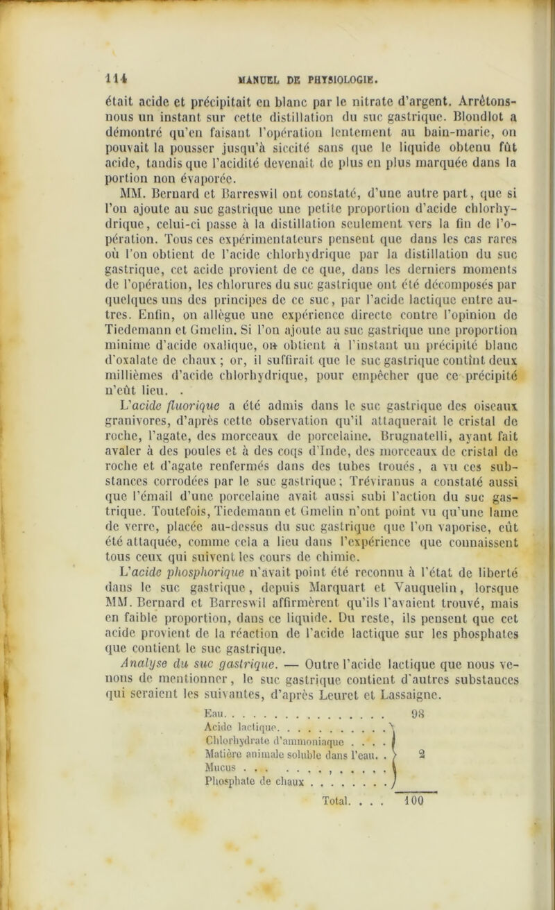 était acide et précipitait eu blanc par le nitrate d’argent. Arrêtons- nous un instant sur cette distillation du suc gastrique. Blondlot a démontré qu’en faisant l’opération lentement au bain-marie, on pouvait la pousser jusqu’à siccité sans que le liquide obtenu fût acide, tandis que l’acidité devenait de plus en plus marquée dans la portion non évaporée. MM. Bernard et Barreswil ont constaté, d’une autre part, que si l’on ajoute au suc gastrique une petite proportion d’acide chlorhy- drique, celui-ci passe à la distillation seulement vers la fin de l’o- pération. Tous ces expérimentateurs pensent que dans les cas rares où l’on obtient de l’acide chlorhydrique par la distillation du suc gastrique, cet acide provient de ce que, dans les derniers moments de l’opération, les chlorures du suc gastrique ont été décomposés par quelques uns des principes de ce suc, par l’acide lactique entre au- tres. Enfin, on allègue une expérience directe contre l’opinion de Tiedemann et Gmclin. Si l’on ajoute au suc gastrique une proportion minime d’acide oxalique, on obtient à l’instant un précipité blanc d'oxalatc de chaux; or, il suffirait que le suc gastrique contint deux millièmes d’acide chlorhydrique, pour empêcher que ce précipité n’eût lieu. . L’acide fluorique a été admis dans le suc gastrique des oiseaux granivores, d’après cette observation qu’il attaquerait le cristal de roche, l’agate, des morceaux de porcelaine. Brugnatelli, ayant fait avaler à des poules et à des coqs d’Inde, des morceaux de cristal de roche et d’agate renfermés dans des tubes troués, a vu ces sub- stances corrodées par le suc gastrique; Tréviranus a constaté aussi que l’émail d’une porcelaine avait aussi subi l’action du suc gas- trique. Toutefois, Tiedemann et Gmclin n’ont point vu qu’une lame de verre, placée au-dessus du suc gastrique que l’on vaporise, eut été attaquée, comme cela a lieu dans l’expérience que connaissent tous ceux qui suivent les cours de chimie. L'acide phosphorique n'avait point été reconnu à l’état de liberté dans le suc gastrique, depuis Marquart et Vauquclin, lorsque MM. Bernard et Barreswil affirmèrent qu’ils l'avaient trouvé, mais en faible proportion, dans ce liquide. Du reste, ils pensent que cet acide provient de la réaction de l’acide lactique sur les phosphates que contient le suc gastrique. Analyse du suc gastrique. — Outre l’acide lactique que nous ve- nons de mentionner, le suc gastrique contient d’autres substauces qui seraient les suivantes, d’après Leuret et Lassaignc. Eau 98 Acide lactique \ Chlorhydrate d’ammoniaque .... I Matière animale soluble dans l’eau. . > 2 Mucus 1 Phosphate de chaux J Total. . . 100