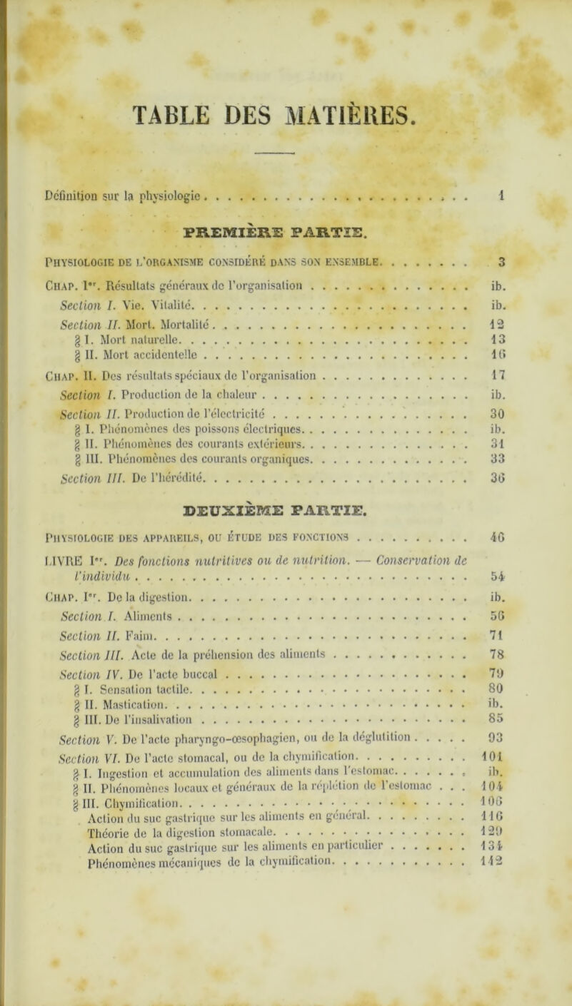TABLE DES MATIÈRES Définition sur la physiologie , . . 1 PREMIÈRE PARTIS. Physiologie de l’organisme considéré dans son ensemble 3 CliAP. !•'. Résultats généraux de l’organisation ib. Section I. Vie. Vitalité ib. Section II. Mort. Mortalité 12 §1. Mort naturelle 13 g II. Mort accidentelle 11» Chap. II. Des résultats spéciaux de l’organisation 17 Section I. Production de la chaleur ib. Section II. Production de l’électricité 30 g I. Phénomènes des poissons électriques ib. g II. Phénomènes des courants extérieurs 31 g III. Phénomènes des courants organiques 33 Section III. De l’hérédité 36 DEUXIÈME PARTIE. Physiologie des appareils, ou étude des fonctions 46 LIVRE Ier. Des fonctions nutritives ou de nutrition. — Conservation de L’individu 54 Ciiap. I. De la digestion ib. Section I. Aliments 56 Section II. Faim 71 Section III. Acte de la préhension des aliments 78 Section IV. De l’acte buccal 7!) g I. Sensation tactile 80 g IL Mastication ib. g III. De l’iusalivation 85 Section V. De l’acte pharyngo-œsophagien, ou de la déglutition 93 Section VI. De l’acte stomacal, ou de la chymification 101 g I. Ingestion et accumulation des aliments dans 1 estomac ib. g IL Phénomènes locaux et généraux de la réplétion de l’estomac ... 104 g III. Chymification 106 Action du suc gastrique sur les aliments en général 116 Théorie de la digestion stomacale 129 Action du suc gastrique sur les aliments en particulier 13 4 Phénomènes mécaniques de la chymification 112