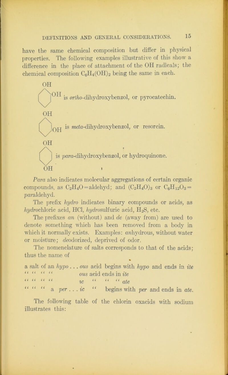 have the same chemical composition but differ in physical properties. The following examples illustrative of this show a difference in the place of attachment of the OH radicals; the chemical composition C6H4(OH)2 being the same in each. OH [ is ortho-dihydroxy benzol, or pyrocatechin. OH | |QH is raeta-dihydroxybenzol, or resorcin. OH /\ j is para-dihydroxybenzol, or hydroquinone. \/ • OH i Para also indicates molecular aggregations of certain organic compounds, as C2H40 = aldehyd; and (C2H40)3 or C6H1203 = paraldehyd. The prefix hydro indicates binary compounds or acids, as hydrochloric acid, HC1, hydrosulhmc acid, H2S, etc. The prefixes an (without) and de (away from) are used to denote something which has been removed from a body in which it normally exists. Examples: anhydrous, without water or moisture; deodorized, deprived of odor. The nomenclature of salts corresponds to that of the acids; thus the name of a salt of an hypo . . . ous acid begins with hypo and ends in ite “ “ “ “ ous acid ends in ite “ “ “ “ ic “ ““ ate “ “ “ a per ... ic “ begins with per and ends in ate. The following table of the chlorin oxacids with sodium illustrates this: