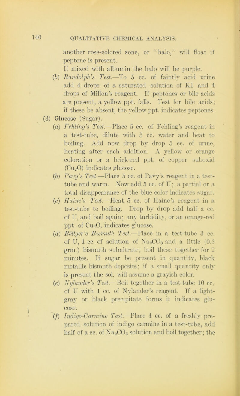 another rose-colored zone, or “halo,” will float if peptone is present. If mixed with albumin the halo will be purple. (b) Randolph’s Test.—To 5 cc. of faintly acid urine add 4 drops of a saturated solution of KI and 4 drops of Millon’s reagent. If peptones or bile acids are present, a yellow ppt. falls. Test for bile acids; if these be absent, the yellow ppt. indicates peptones. (3) Glucose (Sugar). (a) Fehling’s Test.—Place 5 cc. of Fehling’s reagent in a test-tube, dilute with 5 cc. water and heat to boiling. Add now drop by drop 5 cc. of urine, heating after each addition. A yellow or orange coloration or a brick-red ppt. of copper suboxid (C112O) indicates glucose. (b) Pavy’s Test.—Place 5 cc. of Pavy’s reagent in a test- tube and warm. Now add 5 cc. of U; a partial or a total disappearance of the blue color indicates sugar. (c) IInine’s Test.—Heat 5 cc. of Maine's reagent in a test-tube to boiling. Drop by drop add half a cc. of U, and boil again; any turbidity, or an orange-red ppt. of C112O, indicates glucose. (1d) Bottger’s Bismuth Test.—Place in a test-tube 3 cc. of U, 1 cc. of solution of Na^CCb and a little (0.3 grm.) bismuth subnitrate; boil these together for 2 minutes. If sugar be present in quantity, black metallic bismuth deposits ; if a small quantity only is present the sol. will assume a grayish color. (e) Nylander’s Test.—Boil together in a test-tube 10 cc. of U with 1 cc. of Nylander’s reagent. If a light- gray or black precipitate forms it indicates glu- cose. (/) Indigo-Carmine Test.—Place 4 cc. of a freshly pre- pared solution of indigo carmine in a test-tube, add half of a cc. of Na2C03 solution and boil together; the