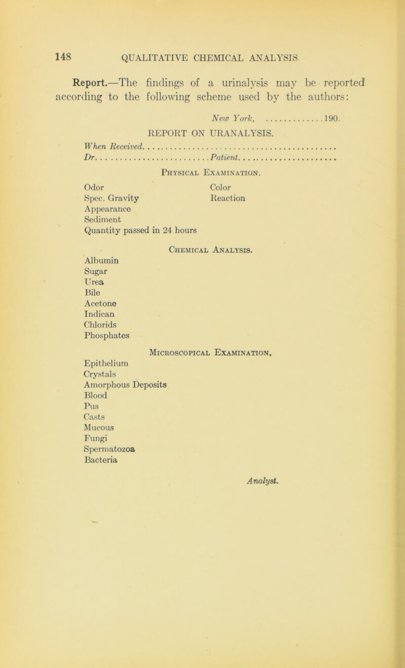 Report.—The findings of a urinalysis may be reported according to the following scheme used by the authors: New York, 190. REPORT ON URANALYSIS. When Received Dr Patient Physical Examination. Odor Color Spec. Gravity Reaction Appearance Sediment Quantity passed in 24 hours Chemical Analysis. Albumin Sugar Urea Bile Acetone Indican Chlorids Phosphates Microscopical Examination, Epithelium Crystals Amorphous Deposits Blood Pus Casts Mucous Fungi Spermatozoa Bacteria A nalyst.