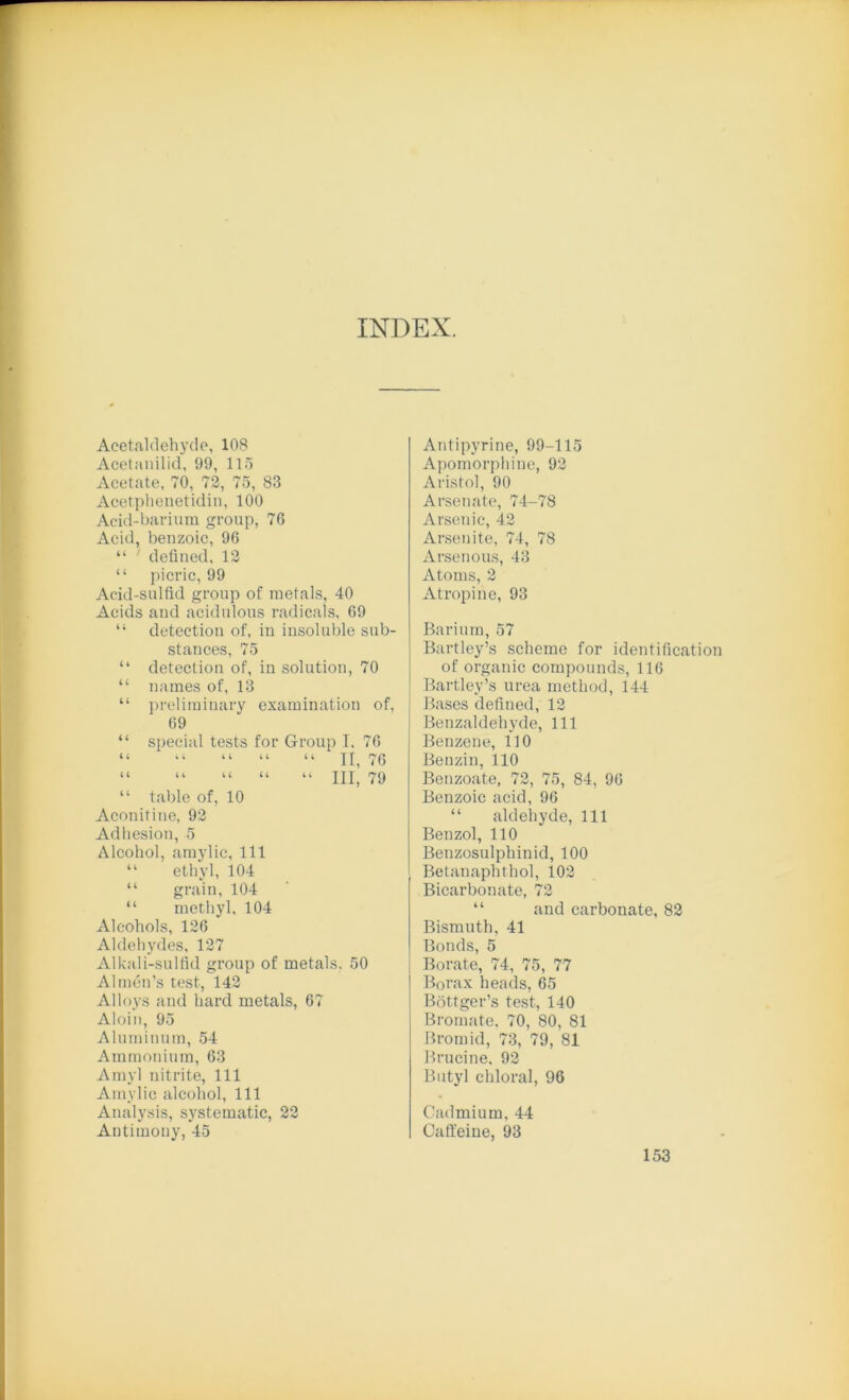 INDEX. Acetaldehyde, 108 Acetanilid, 99, 115 Acetate, 70, 72, 75, 83 Acetphenetidin, 100 Acid-barium group, 76 Acid, benzoic, 96 “ defined, 12 “ picric, 99 Acid-sulfid group of metals, 40 Acids and acidulous radicals, 69 “ detection of, in insoluble sub- stances, 75 “ detection of, in solution, 70 “ names of, 13 “ preliminary examination of, 69 “ special tests for Group I, 76 il t ( l l u C ( u it tt “ table of, 10 Aconitine, 92 Adhesion, 5 Alcohol, amylic, 111 “ ethyl, 104 “ grain, 104 “ methyl, 104 Alcohols, 126 Aldehydes, 127 Alkali-sulfid group of metals, 50 A1 men’s test, 142 Alloys and hard metals, 67 Aloin, 95 Aluminum, 54 Ammonium, 63 Amyl nitrite, 111 Amylic alcohol, 111 Analysis, systematic, 22 Antimony, 45 Antipyrine, 99-115 Apomorphine, 92 Aristol, 90 Arsenate, 74-78 Arsenic, 42 Arsenite, 74, 78 Arsenous, 43 Atoms, 2 Atropine, 93 Barium, 57 Bartley’s scheme for identification of organic compounds, 116 Bartley’s urea method, 144 Bases defined, 12 Benzaldehyde, 111 Benzene, 110 Benzin, 110 Benzoate, 72, 75, 84, 96 Benzoic acid, 96 “ aldehyde, 111 Benzol, 110 Benzosulphinid, 100 Betanaphthol, 102 Bicarbonate, 72 “ and carbonate, 82 Bismuth, 41 Bonds, 5 Borate, 74, 75, 77 Borax heads, 65 Bottger’s test, 140 Bromate. 70, 80, 81 Bromid, 73, 79, 81 Brucine, 92 Butyl chloral, 96 Cadmium, 44 Caffeine, 93 “ II, 76 “ III, 79
