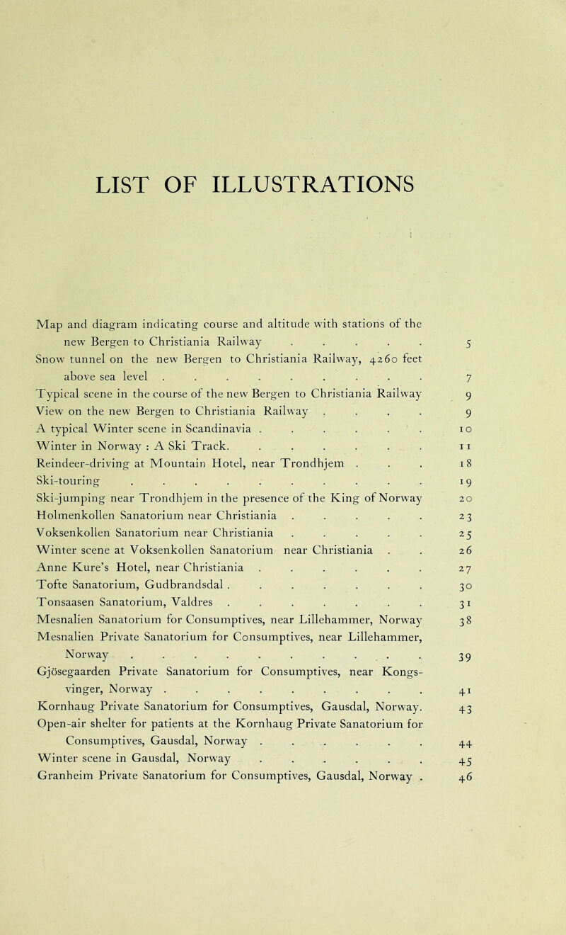 LIST OF ILLUSTRATIONS Map and diagram indicating course and altitude with stations of the new Bergen to Christiania Railway ..... 5 Snow tunnel on the new Bergen to Christiania Railway, 4260 feet above sea level ......... 7 Typical scene in the course of the new Bergen to Christiania Railway 9 View on the new Bergen to Christiania Railway .... 9 A typical Winter scene in Scandinavia . . . . . . 10 Winter in Norway : A Ski Track. . . . . . . ii Reindeer-driving at Mountain Hotel, near Trondhjem . . . 18 Ski-touring .......... 19 Ski-jumping near Trondhjem in the presence of the King of Norway 20 Holmenkollen Sanatorium near Christiania . . . . . 23 Voksenkollen Sanatorium near Christiania . . . . . 25 Winter scene at Voksenkollen Sanatorium near Christiania . . 26 Anne Kure’s Hotel, near Christiania . . . . . . 27 Tofte Sanatorium, Gudbrandsdal . . . . . . . 30 Tonsaasen Sanatorium, Valdres . . . . . . . 31 Mesnalien Sanatorium for Consumptives, near Lillehammer, Norway 38 Mesnalien Private Sanatorium for Consumptives, near Lillehammer, Norway . . . . . . . . . . 39 Gjosegaarden Private Sanatorium for Consumptives, near Kongs- vinger, Norway ......... 41 Kornhaug Private Sanatorium for Consumptives, Gausdal, Norway. 43 Open-air shelter for patients at the Kornhaug Private Sanatorium for Consumptives, Gausdal, Norway . . . . . . 44 Winter scene in Gausdal, Norway . . ,. . . , 45 Granheim Private Sanatorium for Consumptives, Gausdal, Norway . 46