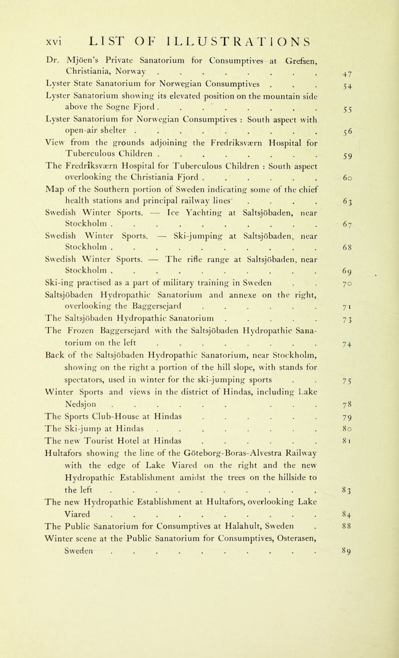 Dr. Mjoen’s Private Sanatorium for Consumptives at Grefsen, Christiania, Norway ........ 47 Lyster State Sanatorium for Norwegian Consumptives . . . 54 Lyster Sanatorium showing its elevated position on the mountain side above the Sogne Fjord. . . . . , . . Lyster Sanatorium for Norwegian Consumptives : South aspect with open-air shelter ......... 56 View from the grounds adjoining the Fredriksvaern Hospital for Tuberculous Children . . . . . . . . 59 The Fredriksvaern Hospital for Tuberculous Children : South aspect overlooking the Christiania Fjord ...... 60 Map of the Southern portion of Sweden indicating some of the chief health stations and principal railway lines . . . . 63 Swedish Winter Sports. — Ice Yachting at Saltsjobaden, near Stockholm .......... 67 Swedish Winter Sports. — Ski-jumping at Saltsjobaden, near Stockholm .......... 68 Swedish Winter Sports. — The rifle range at Saltsjobaden, near Stockholm .......... 69 Ski-ing practised as a part of military training in Sweden . . 70 Saltsjobaden Hydropathic Sanatorium and annexe on the right, overlooking the Baggersejard . , . . . . 71 The Saltsjobaden Hydropathic Sanatorium . . . . . 73 The Frozen Baggersejard with the Saltsjobaden Hydropathic Sana- torium on the left . . . . . . . . 74 Back of the Saltsjobaden Hydropathic Sanatorium, near Stockholm, showing on the right a portion of the hill slope, with stands for spectators, used in winter for the ski-jumping sports . . 75 Winter Sports and views in the district of Hindas, including I.ake Nedsjon ...... ... 78 The Sports Club-House at Hindas . . . . . . 79 The Ski-jump at Hindas ........ 80 The new Tourist Hotel at Hindas . . . . . . 81 Hultafors showing the line of the Goteborg-Boras-Alvestra Railway with the edge of Lake Viared on the right and the new Hydropathic Establishment amidst the trees on the hillside to the left .......... 83 The new^ Hydropathic Establishment at Hultafors, overlooking Lake Viared .......... 84 The Public Sanatorium for Consumptives at Halahult, Sweden . 8 8 Winter scene at the Public Sanatorium for Consumptives, Osterasen, Sweden .......... 89