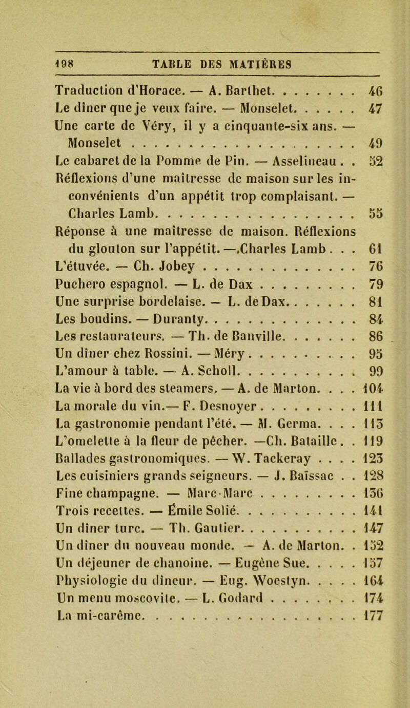 Traduction d’Horace. — A. Barlliet 46 Le dîner que je veux faire. — Monselet 47 Une carte de Véry, il y a cinquante-six ans. — Monselet 49 Le cabaret de la Pomme de Pin. — Asselineau . . 52 Réflexions d’une maîtresse de maison sur les in- convénients d’un appétit trop complaisant. — Charles Lamb 55 Réponse à une maîtresse de maison. Réflexions du glouton sur l’appétit.—.Charles Lamb . . . 61 L’étuvée. — Ch. Jobey 76 Puchero espagnol. — L. de Dax 79 Une surprise bordelaise. — L. de Dax 81 Les boudins. — Duranty 84 Les restaurateurs. —Th. de Banville 86 Un dîner chez Rossini. — Méry 95 L’amour à table. — A. Scholl 99 La vie à bord des steamers. — A. de Marton. ... 104 La morale du vin.— F. Desnoyer 111 La gastronomie pendant l’été. — M. Germa. ... 113 L’omelette à la fleur de pécher. —Ch. Bataille . . 119 Ballades gastronomiques.—W. Tackeray .... 123 Les cuisiniers grands seigneurs. — J. Baïssac . . 128 Fine champagne. — Marc Marc 156 Trois recettes. — Émile Solié. . 141 Un dîner turc. — Th. Gautier 147 Un dîner du nouveau monde. — A. de Marion. . 152 Un déjeuner de chanoine. — Eugène Sue 157 Physiologie du dîneur. — Eug. Wocstyn 164 Un menu moscovite. — L. Godard 174 La mi-carème 177