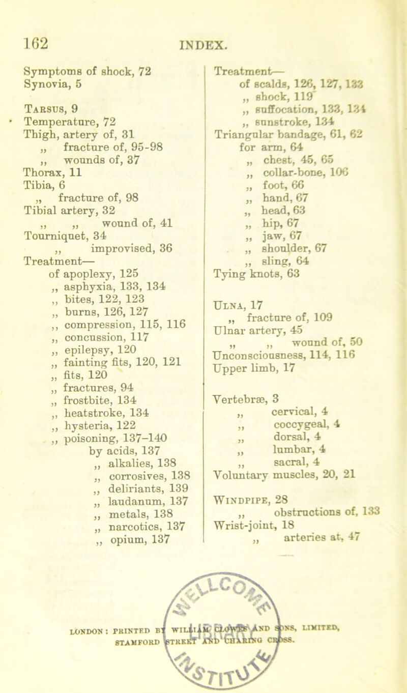 Symptoms of shock, 72 Synovia, 5 Tarsus, 9 Temperature, 72 Thigh, artery of, 31 „ fracture of, 95-98 „ wounds of, 37 Thorax, 11 Tibia, 6 „ fracture of, 98 Tibial artery, 32 „ „ wound of, 41 Tourniquet, 34 ,, improvised, 36 Treatment— of apoplexy, 125 ,, asphyxia, 133, 134 ,, bites, 122, 123 „ burns, 126, 127 ,, compression, 115, 116 „ concussion, 117 „ epilepsy, 120 „ fainting fits, 120, 121 „ fits, 120 „ fractures, 94 „ frostbite, 134 ,, heatstroke, 134 „ hysteria, 122 „ poisoning, 137-140 by acids, 137 „ alkalies, 138 „ corrosives, 138 „ deliriants, 139 „ laudanum, 137 ,, metals, 138 „ narcotics, 137 „ opium, 137 Treatment— of scalds, 126, 127,133 „ shock, 119' „ suffocation, 133, 131 „ sunstroke, 1.34 Triangular bandage, 61, 62 for arm, 64 „ chest, 45, 65 „ collar-bone, 106 „ foot, 66 „ hand, 67 „ head, 63 „ hip, 67 „ jaw, 67 „ shoulder, 67 „ sling, 64 Tying knots, 63 Ulna, 17 „ fracture of, 109 Ulnar artery, 45 „ ,, wound of, 50 Unconsciousness, 114, 116 Upper limb, 17 Vertebrae, 3 „ cervical, 4 „ coccygeal, 4 „ dorsal, 4 „ lumbar, 4 „ sacral, 4 Voluntary muscles, 20, 21 Windpipe, 28 „ obstructions of, 133 Wrist-joint, 18 „ arteries at, 47 L ,H1>