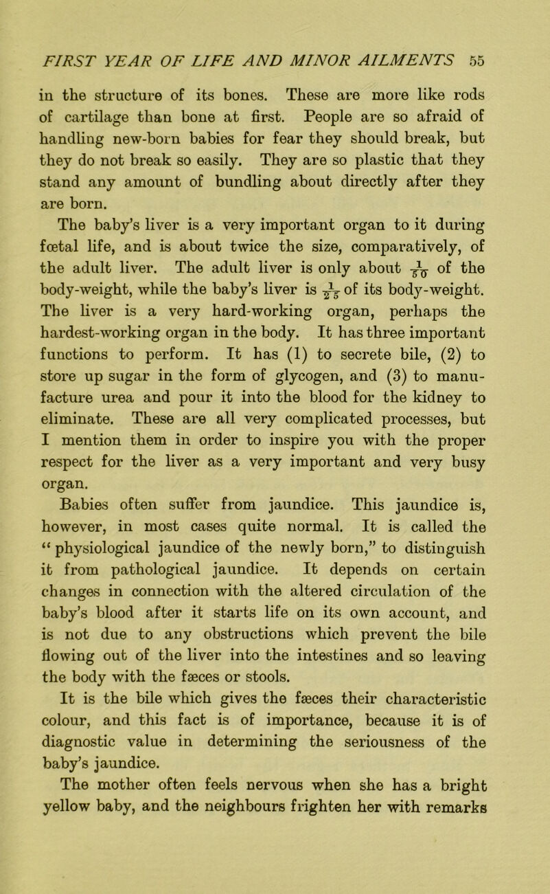 in the structure of its bones. These are more like rods of cartilage than bone at first. People are so afraid of handling new-born babies for fear they should break, but they do not break so easily. They are so plastic that they stand any amount of bundling about directly after they are born. The baby’s liver is a very important organ to it during foetal life, and is about twice the size, comparatively, of the adult liver. The adult liver is only about of the body-weight, while the baby’s liver is of its body-weight. The liver is a very hard-working organ, perhaps the hardest-working organ in the body. It has three important functions to perform. It has (1) to secrete bile, (2) to store up sugar in the form of glycogen, and (3) to manu- facture urea and pour it into the blood for the kidney to eliminate. These are all very complicated processes, but I mention them in order to inspire you with the proper respect for the liver as a very important and very busy organ. Babies often suffer from jaundice. This jaundice is, however, in most cases quite normal. It is called the “ physiological jaundice of the newly born,” to distinguish it from pathological jaundice. It depends on certain changes in connection with the altered circulation of the baby’s blood after it starts life on its own account, and is not due to any obstructions which prevent the bile flowing out of the liver into the intestines and so leaving the body with the faeces or stools. It is the bile which gives the faeces their characteristic colour, and this fact is of importance, because it is of diagnostic value in determining the seriousness of the baby’s jaundice. The mother often feels nervous when she has a bright yellow baby, and the neighbours frighten her with remarks