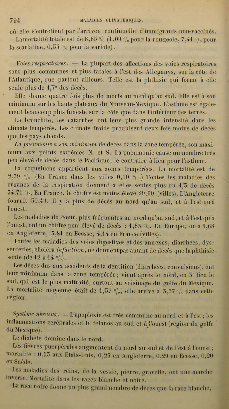 où elle s’entretient par l’arrivée continuelle d’immigrants non-vaccinés. La mortalité totale est de 8,85 % ( 1,09 % pour la rougeole, 7,41 °/0 pour la scarlatine, 0,55 % pour la variole). Voies respiratoires. — La plupart des affections des voies respiratoires sont plus communes et plus fatales à l’est des Alleganys, sur la côte de l’Atlantique, que partout ailleurs. Telle est la phthisie qui forme à elle seule plus de l/7e des décès. Elle donne quatre fois plus de morts au nord qu’au sud. Elle est à son minimum sur les hauts plateaux du Nouveau-Mexique. L’asthme est égale- ment beaucoup plus funeste sur la côte que dans l’intérieur des terres. La bronchite, les catarrhes ont leur plus grande intensité dans les climats tempérés. Les climats froids produisent deux fois moins de décès que les pays chauds. La pneumonie a son minimum de décès dans la zone tempérée, son maxi- mum aux points extrêmes N. et S. La pneumonie cause un nombre très peu élevé de décès dans le Pacifique, le contraire à lieu pour l’asthme. La coqueluche appartient aux zones tempérées. La mortalité est de 2,59 %. (En France dans les villes 0,10 0/„.) Toutes les maladies des organes de la respiration donnent à elles seules plus du 1/5 de décès 54,71 °/0. En France, le chiffre est moins élevé 29,GO (villes). L’Angleterre fournit 50,49. Il y a plus de décès au nord qu’au sud, et à l’est qu’à l’ouest. Les maladies du cœur, plus fréquentes au nord qu’au sud, et à l’est qu’à l’ouest, ont un chiffre peu élevé de décès : 1,85 0/o. En Europe, on a 5,68 en Angleterre, 5,81 en Ecosse, 4,14 en France (villes). Toutes les maladies des voies digestives et des annexes, diarrhées, dys- senteries, choléra infantium, ne donnentpas autant de décès que la phthisie seule (de 12 à 14 %). Les décès dus aux accidents delà dentition (diarrhées, convulsions), ont leur minimum dans la zone tempérée; vient après le nord, en 5'' lieu le sud, qui est le plus maltraité, surtout au voisinage du golfe du Mexique. La mortalité moyenne était de 1.57 /„, elle arrive à 5,57 °/„ dans celte région. Système nerveux. — L’apoplexie est très commune au nord et à l’est; les inflammations cérébrales et le tétanos au sud et à l’ouest (région du golfe du Mexique). Le diabète domine dans le nord. Les lievres puerpérales augmentent du nord au sud et de l’est à l’ouest; mortalité : 0,55 aux Etats-Unis, 0,25 en Angleterre, 0,29 en Ecosse, 0,20 en Suède. Les maladies des reins, de la vessie, pierre, gravelle, ont une marche inverse. Mortalité dans les races blanche et noire. Ea race noire donne un plus grand nombre de décès que la race blanche,