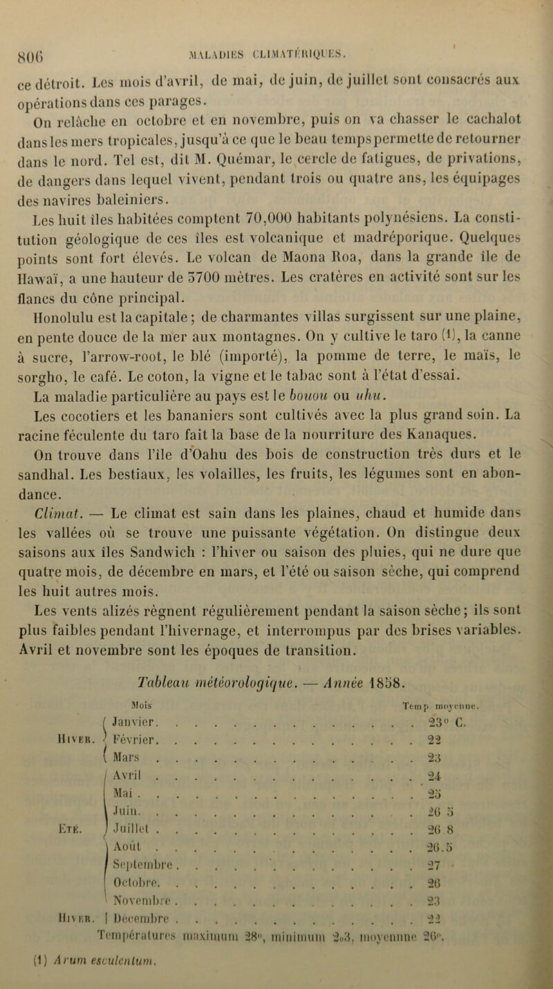ce détroit. Les mois d’avril, de mai, de juin, de juillet sont consacrés aux opérations dans ces parages. On relâche en octobre et en novembre, puis on va chasser le cachalot dans les mers tropicales, jusqu’à ce que le beau temps permette de retourner dans le nord. Tel est, dit M. Quémar, le cercle de fatigues, de privations, de dangers dans lequel vivent, pendant trois ou quatre ans, les équipages des navires baleiniers. Les huit îles habitées comptent 70,000 habitants polynésiens. La consti- tution géologique de ces îles est volcanique et madréporique. Quelques points sont fort élevés. Le volcan de Maona Roa, dans la grande île de Hawaï, a une hauteur de 5700 mètres. Les cratères en activité sont sur les flancs du cône principal. Ilonolulu est la capitale; de charmantes villas surgissent sur une plaine, en pente douce de la mer aux montagnes. On y cultive le taro (1), la canne à sucre, l’arrow-root, le blé (importé), la pomme de terre, le maïs, le sorgho, le café. Le coton, la vigne et le tabac sont à l’état d’essai. La maladie particulière au pays est le bonou ou uhu. Les cocotiers et les bananiers sont cultivés avec la plus grand soin. La racine féculente du taro fait la base de la nourriture des Kanaques. On trouve dans l’ile d’Oahu des bois de construction très durs et le sandhal. Les bestiaux, les volailles, les fruits, les légumes sont en abon- dance. Climat. — Le climat est sain dans les plaines, chaud et humide dans les vallées où se trouve une puissante végétation. On distingue deux saisons aux îles Sandwich : l’hiver ou saison des pluies, qui ne dure que quatre mois, de décembre en mars, et l’été ou saison sèche, qui comprend les huit autres mois. Les vents alizés régnent régulièrement pendant la saison sèche; ils sont plus faibles pendant l’hivernage, et interrompus par des brises variables. Avril et novembre sont les époques de transition. Tableau météorologique. — Année 1858. Mois Teinp. moyenne. ( Janvier 23° C. Hiver. ' Février 22 ( Mars 23 Avril 2-i Mai 23 Juin . 26 a Eté. Juillet 26 8 | Aoùl 26.6 I Septembre 27 I Octobre . . 26 ’ Novembre 23 Hiver, | Décembre 22 Températures maximum 28, minimum 2o3, moyennne 26°,