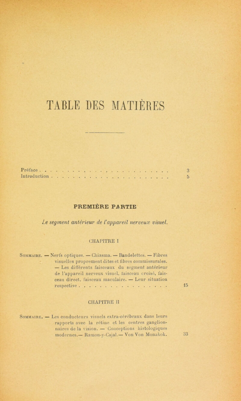 TABLE DES MATIÈRES Préface . . . 3 Introduction 5 PREMIÈRE PARTIE Le segment antéi'ieur de l'appareil nerveuoo visuel. CHAPITRE I Sommaire. — Nerfs optiques. — Ghiasma. — Bandelettes. — Fibres visuelles proprement dites et libres commissurales. — Les différents faisceaux du segment antérieur de l’appareil nerveux visuel, faisceau croisé, fais- ceau direct, faisceau maculaire. — Leur situation respective 15 CHAPITRE II Sommaire. — Les conducteurs visuels extra-cérébraux dans leurs rapports avec la rétine et les centres ganglion- naires de la vision. — Conceptions histologiques modernes.— Ramon-y-Cajal.— Von Von Monakok. 33