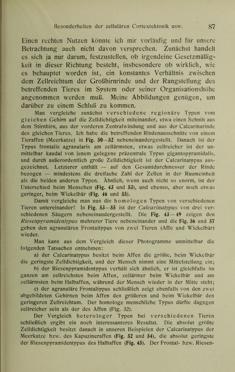 Einen rechten Nutzen konnte ich mir vorläufig und für unsere Betrachtung auch nicht davon versprechen. Zunächst handelt es sich ja nur darum, festzustellen, ob irgendeine Gesetzmäßig- keit in dieser Richtung besteht, insbesondere ob wirklich, wie es behauptet worden ist, ein konstantes Verhältnis zwisehen dem Zellreichtum der Großhirnrinde und der Rangstellung des betreffenden Tieres im System oder seiner Organisationshohe angenommen werden muß. Meine Abbildungen genügen, um darüber zu einem Schluß zu kommen. Man vergleiche zunächst verschiedene regionäre Typen vom gleichen Gehirn auf die Zelldichtigkeit miteinander, etwa einen Schnitt aus dem Stirnhirn, aus der vorderen Zentralwindung und aus der Calcarinarindc des gleichen Tieres. Ich habe die betreffenden Rindenausschnitte von einem Tieraffen (Meerkatze) in Fig. 50—52 nebeneinandergestellt. Danach ist der Typus frontalis agranularis am zellärmsten, etwas zellreicher ist der un- mittelbar kaudal von jenem gelegene präzentrale Typus gigantopyramidalis, und durch aulkrordentlich grolJe Zelldichtigkeit ist der Calcarinatypus aus- gezeichnet. Letzterer enthält — auf den Gesamtdurchmesser der Rinde bezogen — mindestens die dreifache Zahl der Zellen in der Raumeinheit als die beiden anderen Typen. Ähnlich, wenn auch nicht so enorm, ist der Unterschied beim Menschen (Fig. 43 und 53), und ebenso, aber noch etwas geringer, beim Wickelbär (Fig. 46 und 55). Damit v'ergleiche man nun die homologen Typen von verschiedenen Tieren untereinander! ln Fig. 53—55 ist der Calcarinalvpiis von drei ver- schiedenen Säugern nebeneinandergestellt. Die Fig. 43 — 49 zeigen den RiesenpiTamidentypus mehrerer Tiere nebeneinander und die Fig. 56 und 57 geben den agranulären Frontaltypus von zwei Tieren (Affe und Wickclbär) wieder. Man kann aus dem Vergleich dieser Photogramme unmittelbar die folgenden Tatsachen entnehmen: a) der Calcarinatypus besitzt beim Affen die grollte, beim Wickclbär die geringste Zelldichtigkeit, und der Mensch nimmt eine Mittelstellung ein; b) der Riesenpyramidentypus verhält sich ähnlich, er ist gleichfalls im ganzen am zellreichsten beim Affen, zellärmer beim Wickelbär und am zellärmsten beim Halbaffen, während der Mensch wieder in der Mitte steht; c) der agranuläre Frontaltypus schlielJlich zeigt ebenfalls von den zwei abgebildeten Gehirnen beim Affen den gröberen und beim Wickelbär den geringeren Zellreichtum. Der homologe menschliche Typus dürfte dagegen zellreicher sein als der des Affen (Fig. 32). Der Vergleich heterologer Typen bei verschiedenen Tieren schließlich ergibt ein noch interessanteres Resultat. Die absolut größte Zelldichtigkeit besitzt danach in unseren Beispielen der Calcarinatypus der Meerkatze bzw. des Kapuzineraffen (Fig. 52 und 54), die absolut geringste der Riesenpyramidentypus des Halbaffen (Fig. 45). Der Frontal- bzw. Riesen-