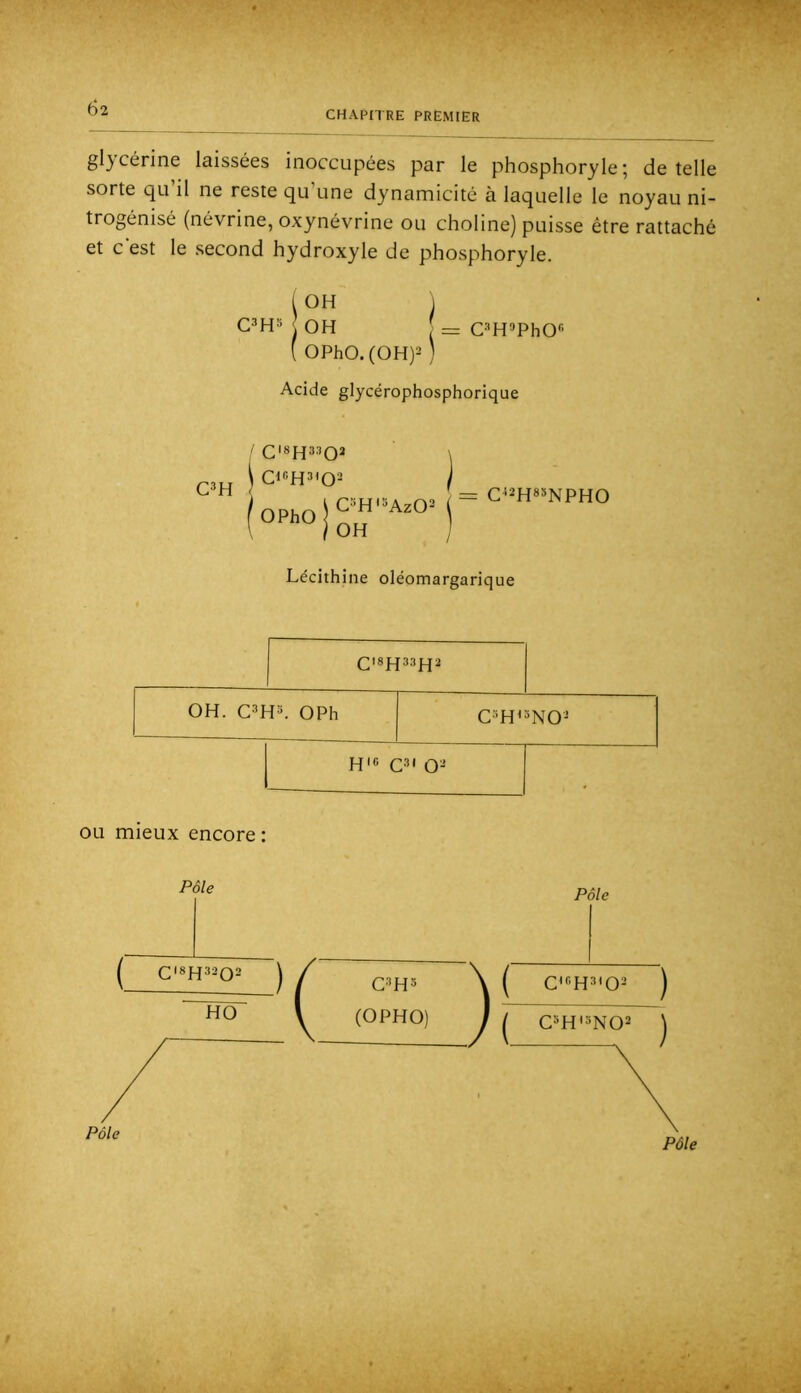 CHAPITRE PREMIER glycérine laissées inoccupées par le phosphoryle; de telle sorte qu il ne reste qu une dynamicité à laquelle le noyau ni- trogénisé (névrine, oxynévrine ou choline) puisse être rattaché et c est le second hydroxyle de phosphoryle. 1 OH 1 j OH ; = C-’HophO ( OPhO.(OH)2 ) Acide glycérophosphorique C^H ' C'8H3''02 I OPhO C»H'SAz02 OH C>2H8»NPHO Lécithine oléomargarique C'8H33H2 OH. C'3H3. OPh C3H<5N03 H10 C'>' 03 OU mieux encore Pôle CI8H3202 HO CH 5 (OPHO) Pôle CK.H3I02 ) CH'3N02 j