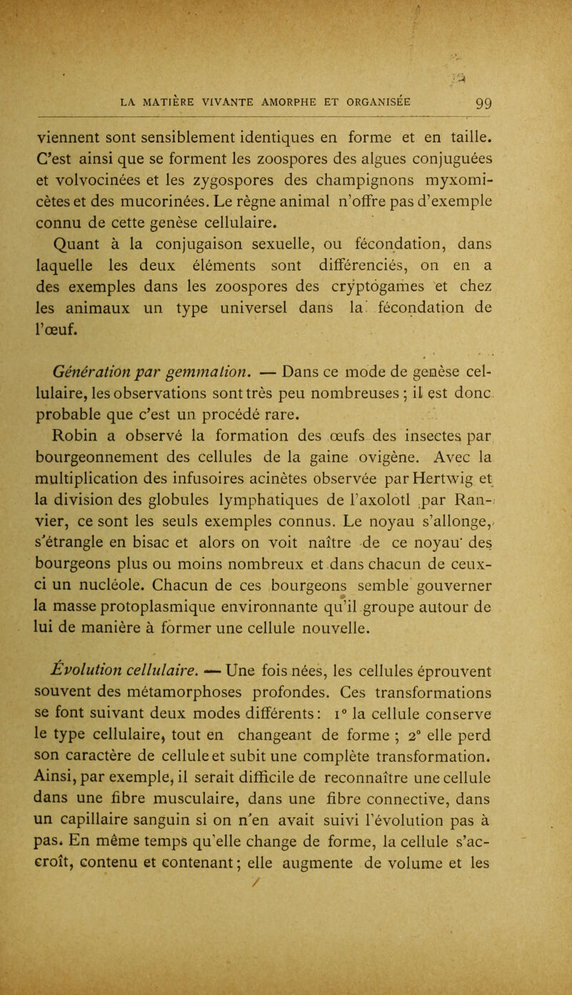 viennent sont sensiblement identiques en forme et en taille. C’est ainsi que se forment les zoospores des algues conjuguées et volvocinées et les zygospores des champignons myxorni- cètes et des mucorinées. Le règne animal n’offre pas d’exemple connu de cette genèse cellulaire. Quant à la conjugaison sexuelle, ou fécondation, dans laquelle les deux éléments sont différenciés, on en a des exemples dans les zoospores des cryptogames 'et chez les animaux un type universel dans la' fécondation de l’œuf. Génération par gemmation. — Dans ce mode de genèse cel- lulaire, les observations sont très peu nombreuses; il est donc probable que c’est un procédé rare. Robin a observé la formation des œufs des insectes par bourgeonnement des cellules de la gaine ovigène. Avec la multiplication des infusoires acinètes observée par Hertwig et la division des globules lymphatiques de l’axolotl ,par Ran-j vier, ce sont les seuls exemples connus. Le noyau s’allonge,- s^étrangle en bisac et alors on voit naître de ce noyau' des bourgeons plus ou moins nombreux et dans chacun de ceux- ci un nucléole. Chacun de ces bourgeons semble gouverner la masse protoplasmique environnante qu’il groupe autour de lui de manière à former une cellule nouvelle. Evolution cellulaire. — Une fois nées, les cellules éprouvent souvent des métamorphoses profondes. Ces transformations se font suivant deux modes différents: i° la cellule conserve le type cellulaire, tout en changeant de forme ; 2 elle perd son caractère de cellule et subit une complète transformation. Ainsi, par exemple, il serait difficile de reconnaître une cellule dans une fibre musculaire, dans une fibre connective, dans un capillaire sanguin si on n'en avait suivi l’évolution pas à pas. En même temps qu’elle change de forme, la cellule s’ac- croît, contenu et contenant; elle augmente de volume et les