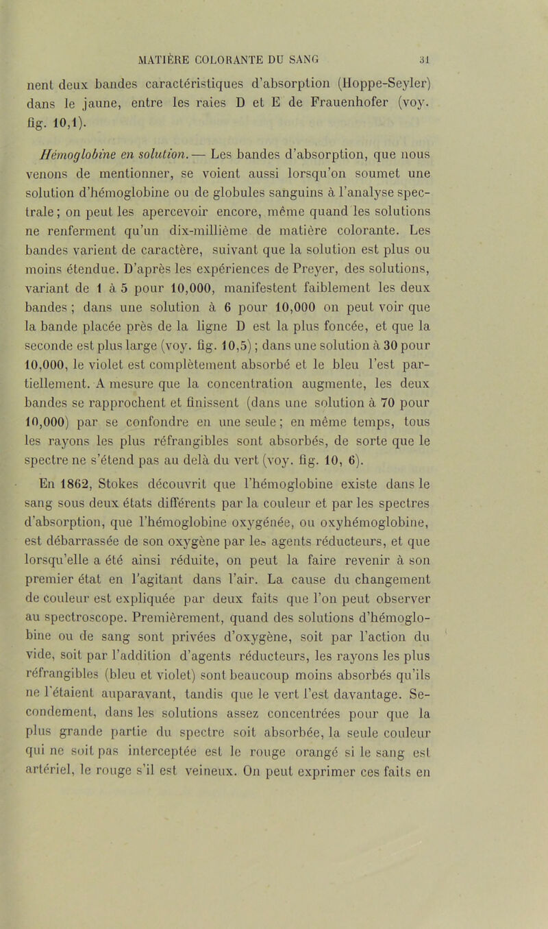 nenl deux bandes caractéristiques d’absorption (Hoppe-Seyler) dans Je jaune, entre les raies D et E de Frauenhofer (voy. fig. 10,1). Hémoglobine en solution.— Les bandes d’absorption, que nous venons de mentionner, se voient aussi lorsqu’on soumet une solution d’hémoglobine ou de globules sanguins à l’analyse spec- trale; on peut les apercevoir encore, même quand les solutions ne renferment qu’un dix-millième de matière colorante. Les bandes varient de caractère, suivant que la solution est plus ou moins étendue. D’après les expériences de Preyer, des solutions, variant de 1 à 5 pour 10,000, manifestent faiblement les deux bandes ; dans une solution à 6 pour 10,000 on peut voir que la bande placée près de la ligne D est la plus foncée, et que la seconde est plus large (voy. fig. 10,5) ; dans une solution à 30 pour 10,000, le violet est complètement absorbé et le bleu l’est par- tiellement. A mesure que la concentration augmente, les deux bandes se rapprochent et finissent (dans une solution à 70 pour 10,000) par se confondre en une seule ; en même temps, tous les rayons les plus réfrangibles sont absorbés, de sorte que le spectre ne s’étend pas au delà du vert (voy. fig. 10, 6). En 1862, Stokes découvrit que l'hémoglobine existe dans le sang sous deux états différents par la couleur et par les spectres d’absorption, que l’hémoglobine oxygénée, on oxyhémoglobine, est débarrassée de son oxygène par les agents réducteurs, et que lorsqu’elle a été ainsi réduite, on peut la faire revenir à son premier état en l’agitant dans l’air. La cause du changement de couleur est expliquée par deux faits que l’on peut observer au spectroscope. Premièrement, quand des solutions d’hémoglo- bine ou de sang sont privées d’oxygène, soit par l’action du vide, soit par l’addition d’agents réducteurs, les rayons les plus réfrangibles (bleu et violet) sont beaucoup moins absorbés qu’ils ne 1 étaient auparavant, tandis que le vert l’est davantage. Se- condement, dans les solutions assez concentrées pour que la plus grande partie du spectre soit absorbée, la seule couleur qui ne soit pas interceptée est le rouge orangé si le sang est artériel, le rouge s’il est veineux. On peut exprimer ces faits en