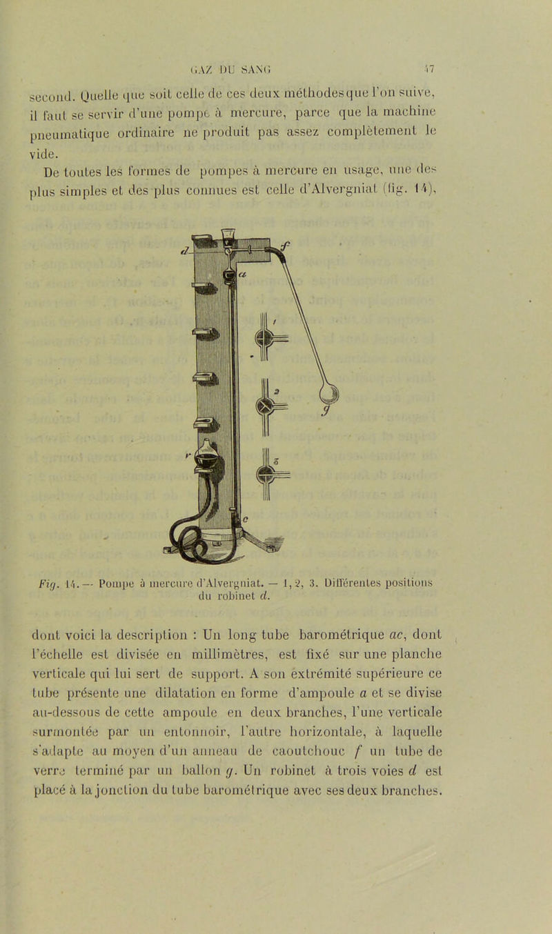 second. Quelle que soit celle de ces deux méthodesque l’on suive, il faut se servir d’une pompe à mercure, parce que la machine pneumatique ordinaire ne produit pas assez complètement le vide. De toutes les formes de pompes à mercure en usage, une des (tins simples et des plus connues est celle d’Alvergniat (üg. 14), Fig. 14.— Pompe à mercure d’Alvergniat. — 1,2, 3. Différentes positions du robinet cl. dont voici la description : Un long tube barométrique ae, dont l’échelle est divisée en millimètres, est fixé sur une planche verticale qui lui sert de support. A son extrémité supérieure ce tube présente une dilatation en forme d’ampoule a et se divise au-dessous de cette ampoule en deux branches, l’une verticale surmontée par un entonnoir, l’autre horizontale, à laquelle s'adapte au moyen d’un anneau de caoutchouc f un tube de verre terminé par un ballon <j. Un robinet à trois voies cl est placé à la jonction du tube barométrique avec ses deux branches.