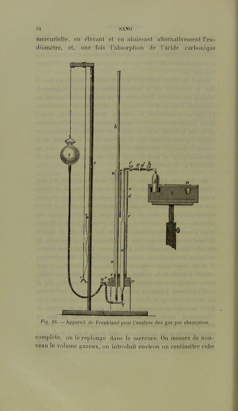 mercurielle, en élevant et en abaissant alternativement l’eu- diomètre, et, une fois l’absorption de l’acide carbonique complète, on le replonge dans le mercure. On mesure de nou- veau le volume gazeux, on introduit environ un centimètre cube