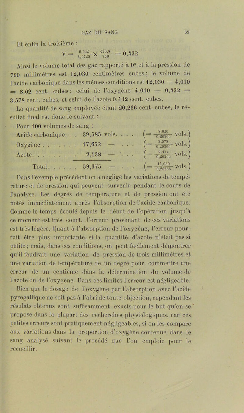 Et enfin la troisième : V = 0,502 620,8_ = Q m V 1,0725 * 760 Ainsi le volume total des gaz rapporté à 0° et à la pression de 760 millimètres est 12,030 centimètres cubes ; le volume de l’acide carbonique dans les mêmes conditions est 12,030 — 4,010 = 8,02 cent, cubes; celui de l’oxygène 4,010 — 0,432 = 3,578 cent, cubes, et celui de l’azote 0,432 cent, cubes. La quantité de sang employée étant 20,266 cent, cubes, le ré- sultat final est donc le suivant : Pour 100 volumes de sang : f 8.020 \ 0,20266 vols.) Acide carbonique. . . 39,585 vols. . . . Oxygène 17,652 — . . / 3,578 V 0.20266 vols.) Azote 2,138 — \ . . / 0,432 \ 0,20206 vols.) Total . 59,375 — . . / 12,030 0,20266 ■ vols.) Dans l’exemple précédent on a négligé les variations de tempé- rature et de pression qui peuvent survenir pendant le cours de l’analyse. Les degrés de température et de pression ont été notés immédiatement après l’absorption de l’acide carbonique. Comme le temps écoulé depuis le début de l’opération jusqu’à ce moment est très court, l'erreur provenant de ces variations est très légère. Quant à l’absorption de l’oxygène, l’erreur pour- rait être plus importante, si la quantité d’azote n’était pas si petite; mais, dans ces conditions, on peut facilement démontrer qu’il faudrait une variation de pression de trois millimètres et une variation de température de un degré pour commettre une erreur de un centième dans la détermination du volume de l’azote ou de l’oxygène. Dans ces limites l’erreur est négligeable. Bien que le dosage de l’oxygène par l’absorption avec l’acide pyrogallique ne soit pas à l’abri de toute objection, cependant les résulats obtenus sont suffisamment exacts pour le but qu’on se’ propose dans la plupart des recherches physiologiques, car ces petites erreurs sont pratiquement négligeables, si on les compare aux variations dans la proportion d’oxygène contenue dans le sang analysé suivant le procédé que l’on emploie pour le recueillir.