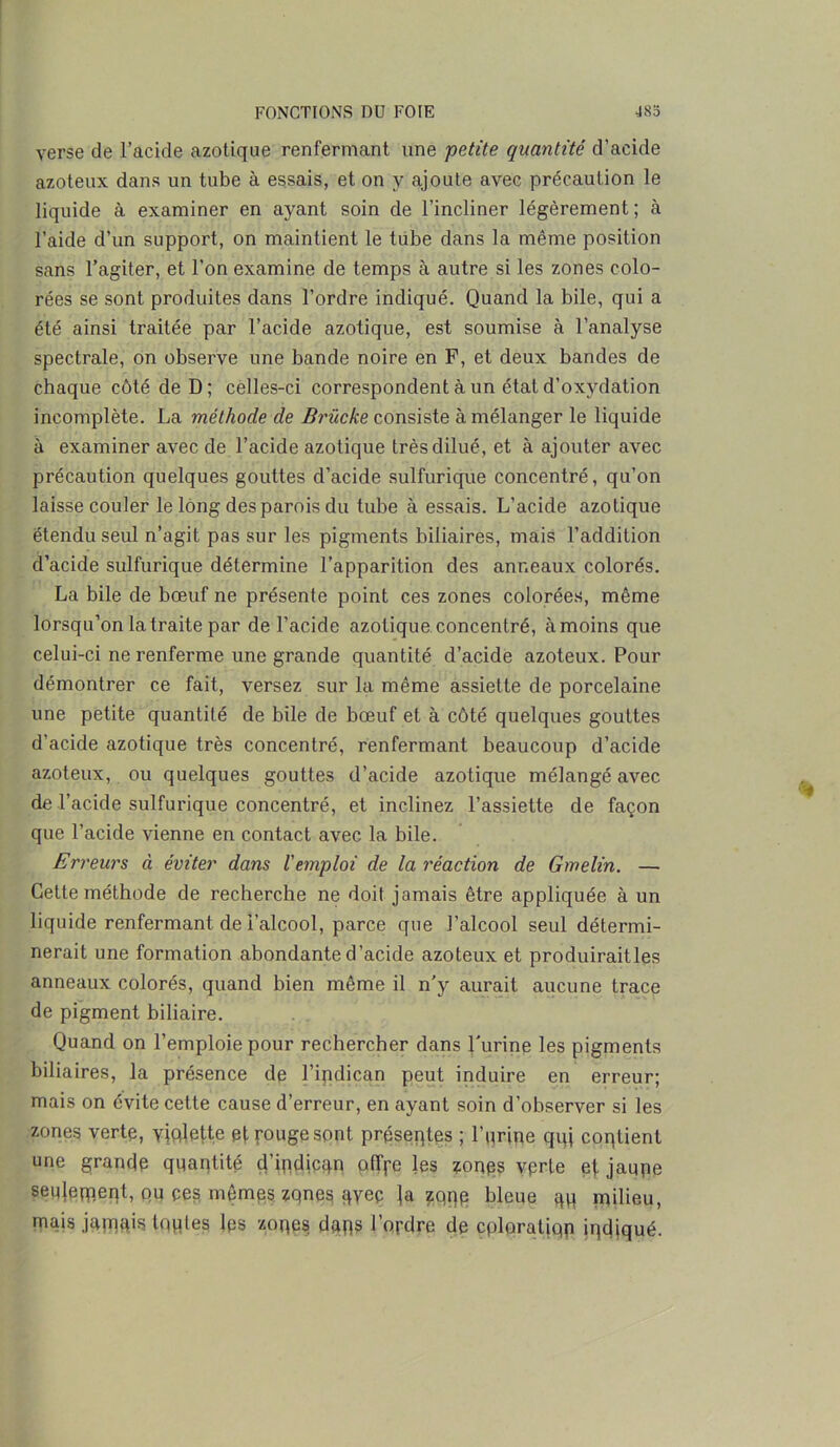 verse de l’acide azotique renfermant une petite quantité d’acide azoteux dans un tube à essais, et on y ajoute avec précaution le liquide à examiner en ayant soin de l’incliner légèrement ; à l’aide d’un support, on maintient le tube dans la même position sans l’agiter, et l’on examine de temps à autre si les zones colo- rées se sont produites dans l’ordre indiqué. Quand la bile, qui a été ainsi traitée par l’acide azotique, est soumise à l’analyse spectrale, on observe une bande noire en F, et deux bandes de chaque côté de D; celles-ci correspondent à un état d’oxydation incomplète. La méthode de Brücke consiste à mélanger le liquide à examiner avec de l’acide azotique très dilué, et à ajouter avec précaution quelques gouttes d’acide sulfurique concentré, qu’on laisse couler le long des parois du tube à essais. L’acide azotique étendu seul n’agit pas sur les pigments biliaires, mais l’addition d’acide sulfurique détermine l’apparition des anneaux colorés. La bile de bœuf ne présente point ces zones colorées, même lorsqu’on la traite par de l’acide azotique concentré, à moins que celui-ci ne renferme une grande quantité d’acide azoteux. Pour démontrer ce fait, versez sur la même assiette de porcelaine une petite quantité de bile de bœuf et à côté quelques gouttes d’acide azotique très concentré, renfermant beaucoup d’acide azoteux, ou quelques gouttes d’acide azotique mélangé avec de l’acide sulfurique concentré, et inclinez l’assiette de façon que l’acide vienne en contact avec la bile. Erreurs ci éviter dans l'emploi de la réaction de Gmelin. — Cette méthode de recherche ne doit jamais être appliquée à un liquide renfermant de i’alcool, parce que l’alcool seul détermi- nerait une formation abondante d’acide azoteux et produiraitles anneaux colorés, quand bien même il n'y aurait aucune trace de pigment biliaire. Quand on l’emploie pour rechercher dans l'urine les pigments biliaires, la présence de l’ipdican peut induire en erreur; mais on évite celte cause d’erreur, en ayant soin d’observer si les zones verte, violette ef F°ugesont préseqtes ; l’urine qui contient une grande quantité d’ipdicqn off^e les zones vprte et jaune seulement, ou ces mêmes zqnes qyec la zone bleue qq milieu, mais jamais tqqles les zones; dans l’ordre de cplqratiqp indiqué.