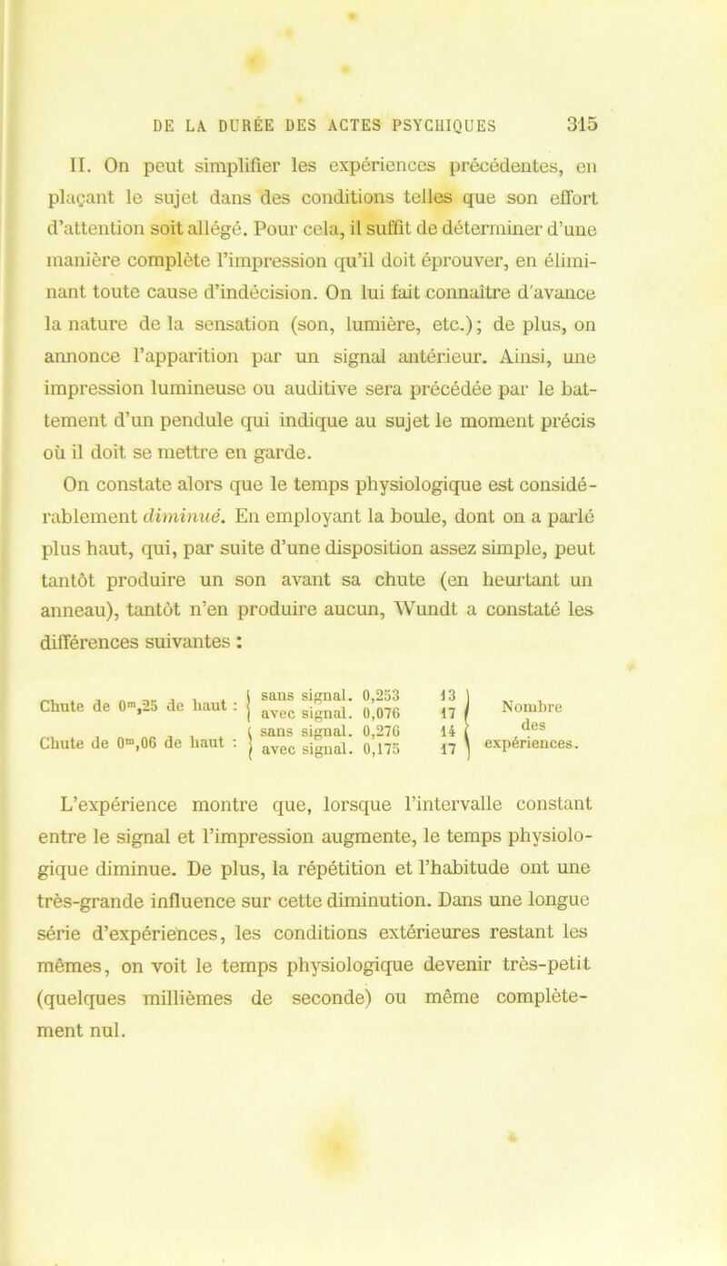 II. On peut simplifier les expériences précédentes, en plaçant le sujet dans des conditions telles que son effort d’attention soit allégé. Pour cela, il suffit de déterminer d’une manière complète l’impression qu’il doit éprouver, en élimi- nant toute cause d’indécision. On lui fait connaître d'avance la nature de la sensation (son, lumière, etc.) ; de plus, on annonce l’apparition par un signal antérieur. Ainsi, une impression lumineuse ou auditive sera précédée par le bat- tement d’un pendule qui indique au sujet le moment précis où il doit se mettre en garde. On constate alors que le temps physiologique est considé- rablement diminué. En employant la boule, dont on a parlé plus haut, qui, par suite d’une disposition assez simple, peut tantôt produire un son avant sa chute (en heurtant un anneau), tantôt n’en produire aucun, Wundt a constaté les différences suivantes : Chute de 0m,25 de haut : Chute de 0“,06 de haut : sans signal. 0,253 avec signal. 0,076 sans signal. 0,276 avec signal. 0,175 13 ] 17 / 14 ( 17 ] Nombre des expériences. L’expérience montre que, lorsque l’intervalle constant entre le signal et l’impression augmente, le temps physiolo- gique diminue. De plus, la répétition et l’habitude ont une très-grande influence sur cette diminution. Dans une longue série d’expériences, les conditions extérieures restant les mêmes, on voit le temps physiologique devenir très-petit (quelques millièmes de seconde) ou même complète- ment nul.