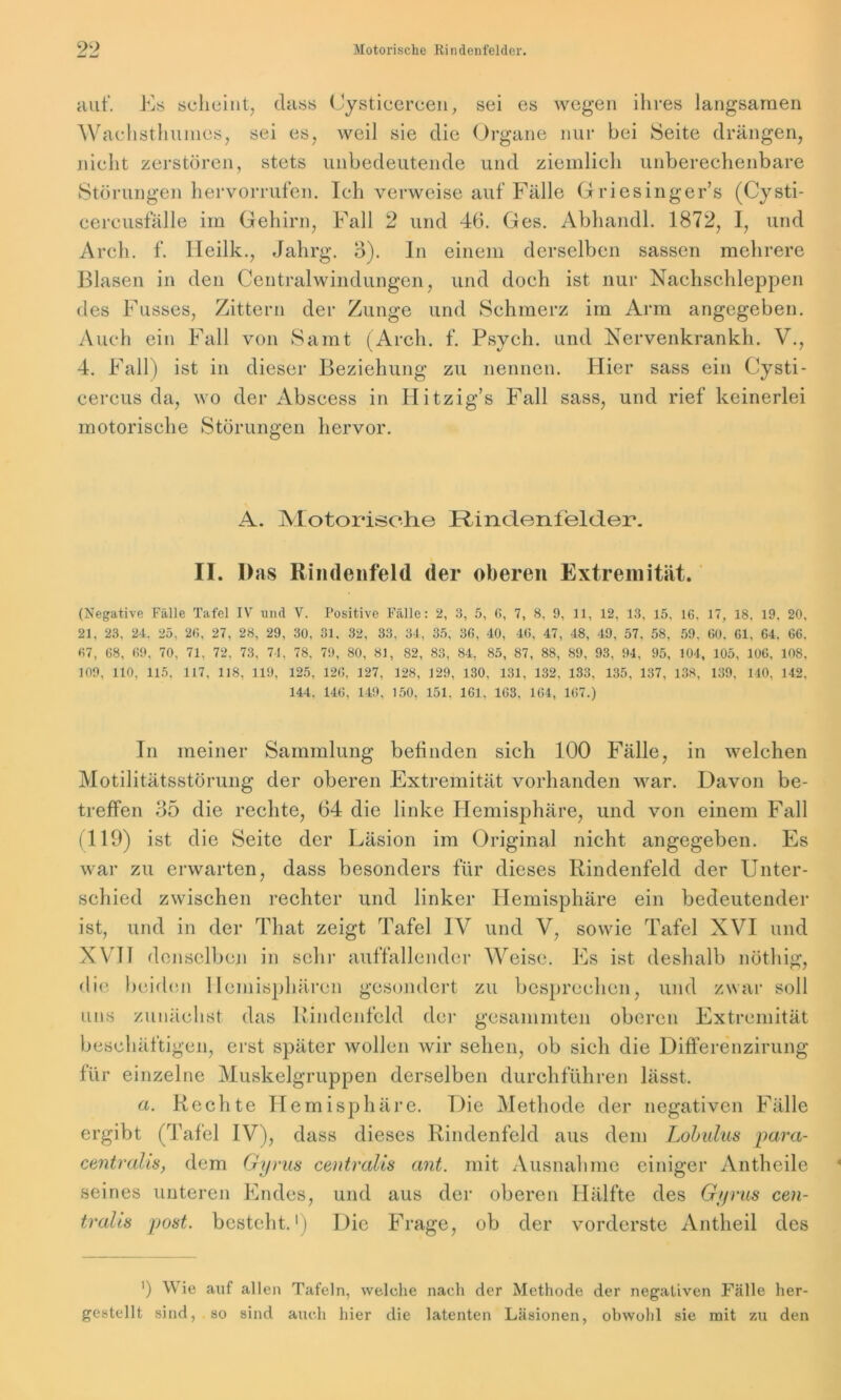 auf. Es scheint, dass Cysticercen, sei es wegen ihres langsamen Wachsthumes, sei es, weil sie die Organe nur bei Seite drängen, nicht zerstören, stets unbedeutende und ziemlich unberechenbare Störungen hervorrufen. Ich verweise auf Fälle Griesinger’s (Cysti- cercusfalle im Gehirn, Fall 2 und 46. Ges. Abhandl. 1872, I, und Arch. f. Heilk., Jahrg. o). In einem derselben sassen mehrere Blasen in den Centralwindungen, und doch ist nur Nachschleppen des Fusses, Zittern der Zunge und Schmerz im Arm angegeben. Auch ein Fall von Samt (Arch. f. Psych. und Nervenkrankh. V., 4. Fall) ist in dieser Beziehung zu nennen. Hier sass ein Cysti- cercus da, wo der Abscess in Hitzig’s Fall sass, und rief keinerlei motorische Störungen hervor. A. Motorische Rindenleider. II. I) as Rindenfeld der oberen Extremität. (Negative Falle Tafel IV und V. Positive Fälle: 2, 3, 5, 6, 7, 8, 9, 11, 12, 13, 15, 16, 17, 18, 19, 20, 21, 23, 24. 25, 26, 27, 28, 29, 30, 31. 32, 33, 34, 35, 36, 40, 46, 47, 48, 49, 57, 58, 59. 60. 61, 64. 66. 67, 68, 69, 70, 71, 72, 73, 74, 78, 79, 80, 81, 82, 83, 84, 85, 87, 88, 89, 93, 94, 95, 104, 105, 106, 108, 109, 110, 115, 117. 118, 119, 125, 126, 127, 128, 129, 130. 131, 132, 133, 135, 137, 138, 139, 140, 142, 144, 146, 149, 150, 151. 161, 163. 164, 167.) In meiner Sammlung befinden sich 100 Fälle, in welchen Motilitätsstörung der oberen Extremität vorhanden war. Davon be- treffen 35 die rechte, 64 die linke Hemisphäre, und von einem Fall (119) ist die Seite der Läsion im Original nicht angegeben. Es war zu erwarten, dass besonders für dieses Rindenfeld der Unter- schied zwischen rechter und linker Hemisphäre ein bedeutender ist, und in der That zeigt Tafel IV und V, sowie Tafel XVI und XVII d ensclben in sehr auffallender Weise. Es ist deshalb nöthig, die beiden Hemisphären gesondert zu besprechen, und zwar soll uns zunächst das Rindenfeld der gesummten oberen Extremität beschäftigen, erst später wollen wir sehen, ob sich die Differenzirung für einzelne Muskelgruppen derselben durchführen lässt. a. Rechte Hemisphäre. Die Methode der negativen Fälle ergibt (Tafel IV), dass dieses Rindenfeld aus dem Lobulus para- centralis, dem Gyrus centralis ant. mit Ausnahme einiger Antheile seines unteren Endes, und aus der oberen Hälfte des Gyrus cen- tralis post, besteht.1) Die Frage, ob der vorderste Antheil des ') Wie auf allen Tafeln, welche nach der Methode der negativen Fälle her- gestellt sind, so sind auch hier die latenten Läsionen, obwohl sie mit zu den