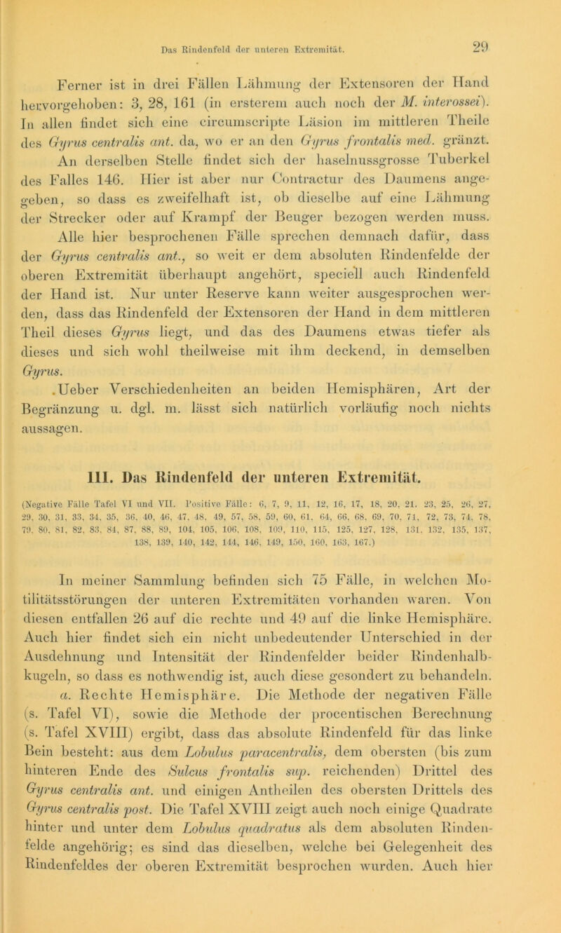 Ferner ist in drei Fällen Lähmung der Extensoren der Hand hervorgehoben: 3, 28, 161 (in ersterem auch noch der M. int erossei). In allen findet sich eine circumscripte Läsion im mittleren Tlieile des Gyrus centralis ant. da, wo er an den Gyrus frontalis med. gränzt. An derselben Stelle findet sieb der haselnussgrosse Tuberkel des Falles 146. Hier ist aber nur Contractur des Daumens ange- geben, so dass es zweifelhaft ist, ob dieselbe auf eine Lähmung der Strecker oder auf Krampf der Beuger bezogen werden muss. Alle hier besprochenen Fälle sprechen demnach dafür, dass der Gyrus centralis ant., so weit er dem absoluten Rindenfelde der oberen Extremität überhaupt angehört, speciell auch Rindenfeld der Hand ist. Nur unter Reserve kann weiter ausgesprochen wer- den, dass das Rindenfeld der Extensoren der Hand in dem mittleren Theil dieses Gyrus liegt, und das des Daumens etwas tiefer als dieses und sich wohl theilweise mit ihm deckend, in demselben Gyrus. .Ueber Verschiedenheiten an beiden Hemisphären, Art der Begränzung u. dgl. m. lässt sich natürlich vorläufig noch nichts aussagen. 111. Das Rindenfeld der unteren Extremität. (Negative Fälle Tafel VI und VII. Positive Fälle: G, 7, 9, 11, 12, 16, 17, IS. 20, 21. 23, 25, 26. 27, 29, 30, 31, 33, 34, 35, 36, 40, 46, 47, 48, 49, 57, 58, 59, 60, 61. 64, 66. 68, 69. 70, 71, 72, 73, 74. 78, 79. 80. 81. 82, 83. 84, 87, 88, 89, 104, 105, 106, 108, 109, 110, 115, 125, 127, 128, 131, 132, 135, 137, 138, 139, 140, 142, 114, 146, 149, 150, 160, 163, 167.) In meiner Sammlung befinden sich 75 Fälle, in welchen Mo- tilitätsstörungen der unteren Extremitäten vorhanden waren. Von diesen entfallen 26 auf die rechte und 49 auf die linke Hemisphäre. Auch hier findet sich ein nicht unbedeutender Unterschied in der Ausdehnung und Intensität der Rindenfelder beider Rindenhalb- kugeln, so dass es nothwendig ist, auch diese gesondert zu behandeln. a. Rechte Hemisphäre. Die Methode der negativen Fälle (s. Tafel VI), sowie die Methode der proccntischen Berechnung (s. Tafel XVIII) ergibt, dass das absolute Rindenfeld für das linke Bein besteht: aus dem Lobulus paracentralis, dem obersten (bis zum hinteren Ende des Sulcus frontalis sup. reichenden) Drittel des Gyrus centralis ant. und einigen Antlieilen des obersten Drittels des Gyrus centralis post. Die Tafel XVIII zeigt auch noch einige Quadrate hinter und unter dem Lobulus quadratus als dem absoluten Rinden- felde angehörig; es sind das dieselben, welche bei Gelegenheit des Rindenfeldes der oberen Extremität besprochen wurden. Auch hier