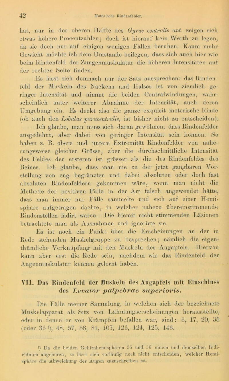 hat, nur in der oberen Hälfte des Gyrus centralis ant. zeigen sich etwas höhere Procentzahlen; doch ist hierauf kein Werth zu legen, da sie doch nur auf einigen wenigen Fällen beruhen. Kaum mehr Gewicht möchte ich dem Umstande beilegen, dass sieh auch hier wie beim Rindenfeld der Zungenmuskulatur die höheren Intensitäten auf der rechten Seite linden. Es lässt sieh demnach nur der Satz aussprechen: das Rinden- feld der Muskeln des Nackens und Halses ist von ziemlich ge- ringer Intensität und nimmt die beiden Centralwindungen, wahr- scheinlich unter weiterer Abnahme der Intensität, auch deren Umgebung ein. Es deckt also die ganze exquisit motorische Rinde (ob auch den Lobulus paracentralis, ist bisher nicht zu entscheiden). Ich glaube, man muss sich daran gewöhnen, dass Rindenfelder ausgedehnt, aber dabei von geringer Intensität sein können. So haben z. B. obere und untere Extremität Rindenfelder von nähe- rungsweise gleicher Grösse, aber die durchschnittliche Intensität des Feldes der ersteren ist grösser als die des Rindenfeldes des Beines. Ich glaube, dass man nie zu der jetzt gangbaren Vor- stellung von eng begränzten und dabei absoluten oder doch fast absoluten Rindenfeldern gekommen wäre, wenn man nicht die Methode der positiven Fälle in der Art falsch angewendet hätte, dass man immer nur Fälle sammelte und sich aut einer Hemi- sphäre aufgetragen dachte, in welcher nahezu übereinstimmende Rindenstellen lädirt waren. Die hiemit nicht stimmenden Läsionen betrachtete man als Ausnahmen und ignorirte sie. Es ist noch ein Punkt über die Erscheinungen an der in Rede stehenden Muskelgruppe zu besprechen; nämlich die eigen- thümliche Verknüpfung mit den Muskeln des Augapfels. Hiervon kann aber erst die Rede sein, nachdem wir das Rindenfeld der Augenmuskulatur kennen gelernt haben. VII. Das Rindenfeld der Muskeln des Augapfels mit Eiuseliluss des Levator palpebrae super io ris. Die Fälle meiner Sammlung, in welchen sich der bezeichnete Muskelapparat als Sitz von Lähmungserscheinungen herausstellte, oder in denen er von Krämpfen befallen war, sind: 6, 17, 20, 35 (oder 36 '), 48, 57, 58, 81, 107, 123, 124, 125, 146. i) Da die beiden Gehirnhemispliären 35 und 3G einem und demselben Indi- viduum angehören, so lässt sich vorläufig noch nicht entscheiden, welcher Hemi- sphäre die Abweichung der Augen zuzuschreiben ist.